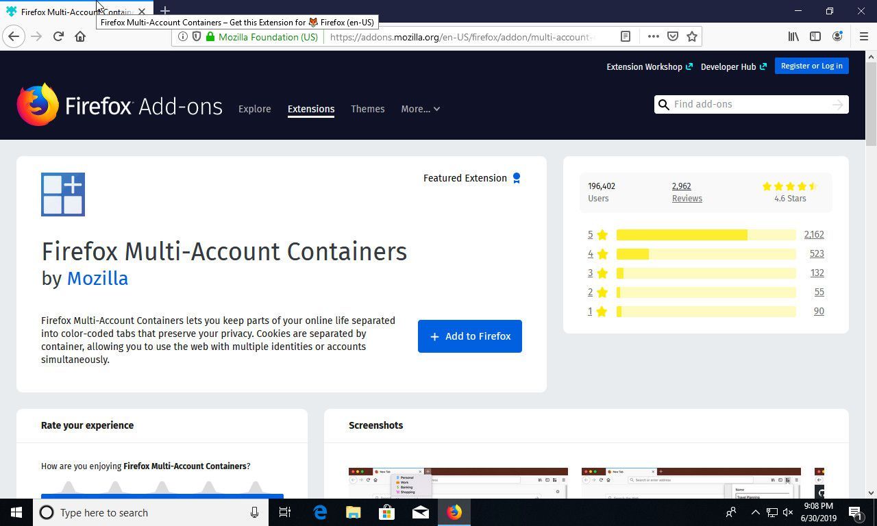 Страница дополнения к Firefox Containers