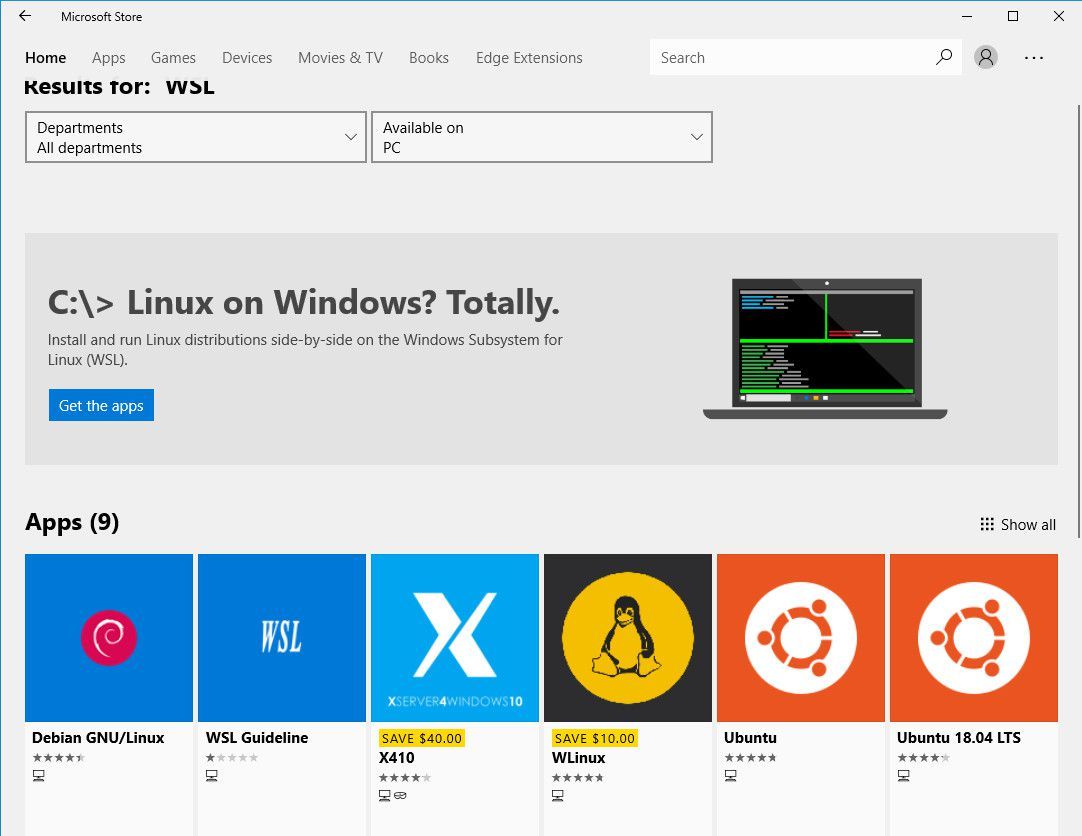 Снимок экрана установки WSL из магазина Microsoft.