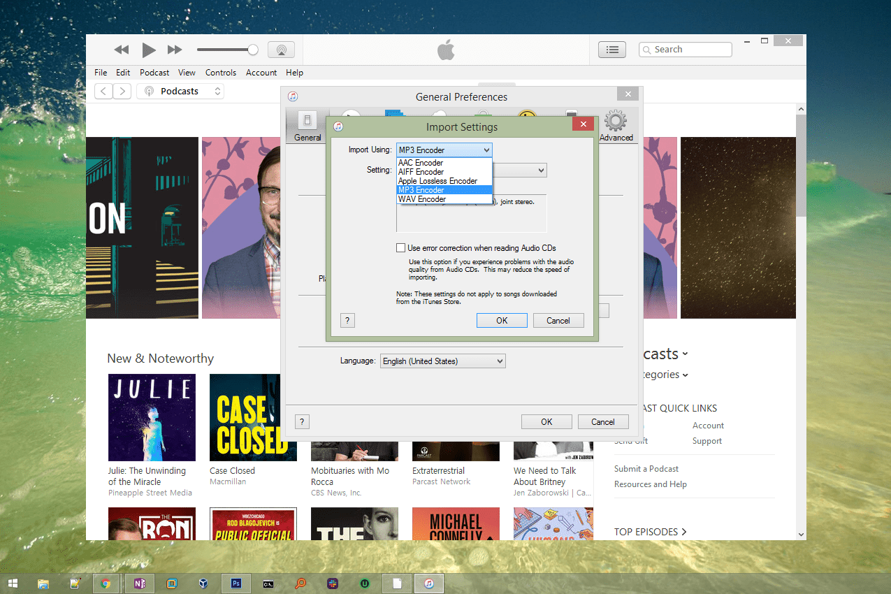 Снимок экрана настроек импорта iTunes с выбранным MP3-кодером