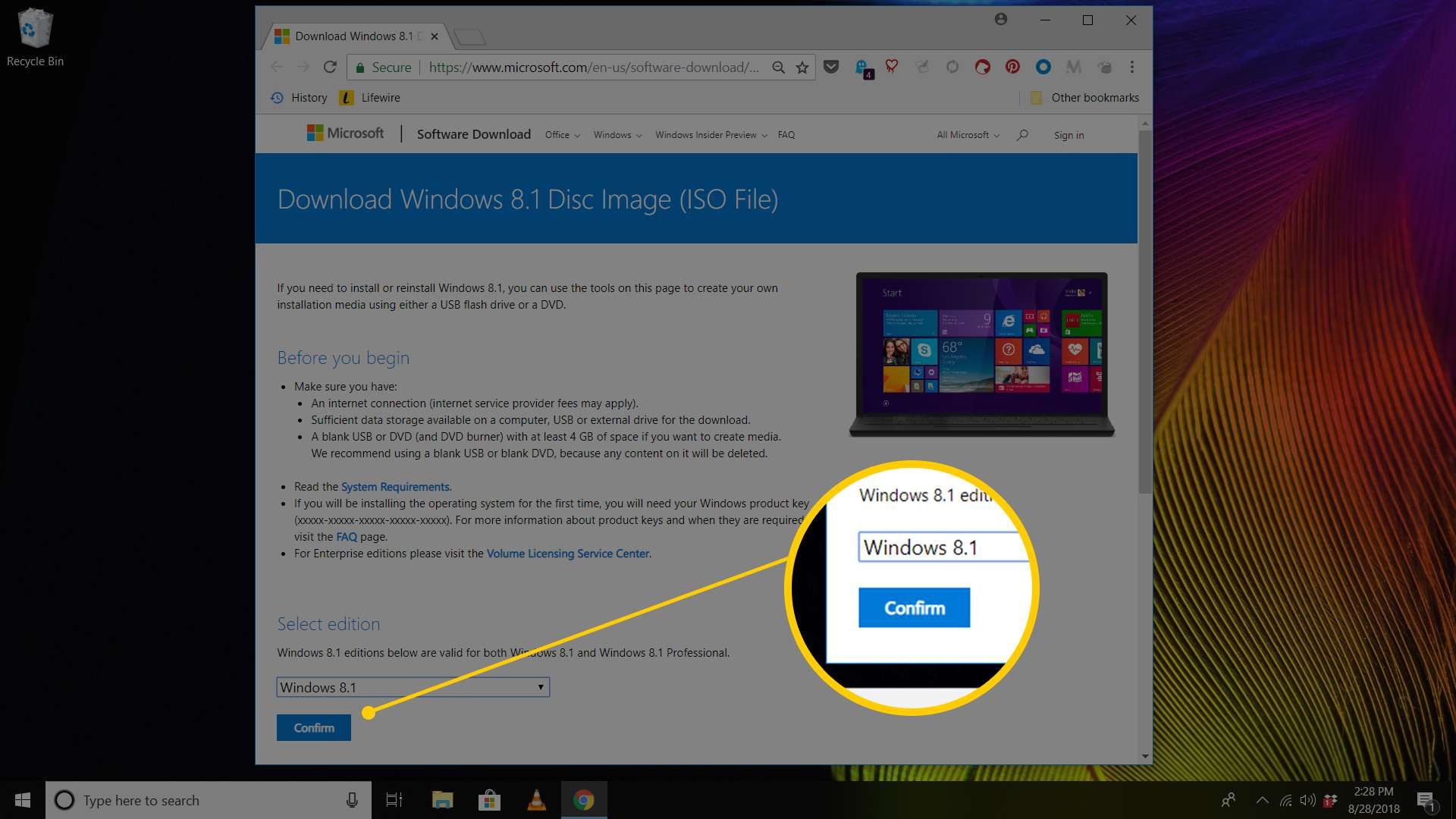 Кнопка подтверждения для загрузки Windows 8.1 от Microsoft