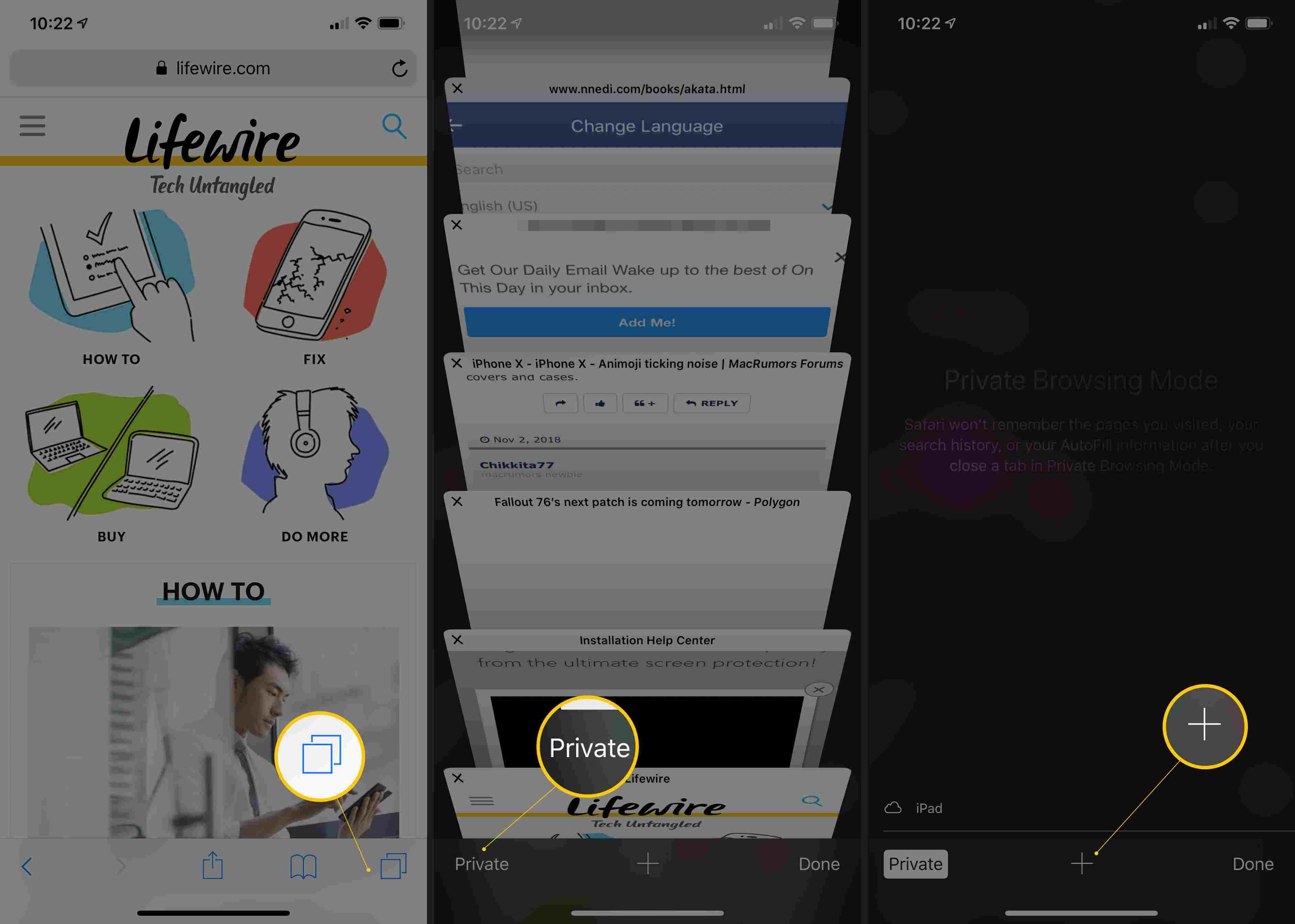 Три экрана iOS с кнопкой «Открыть новое окно», «Частный просмотр» и «Плюс» в Safari