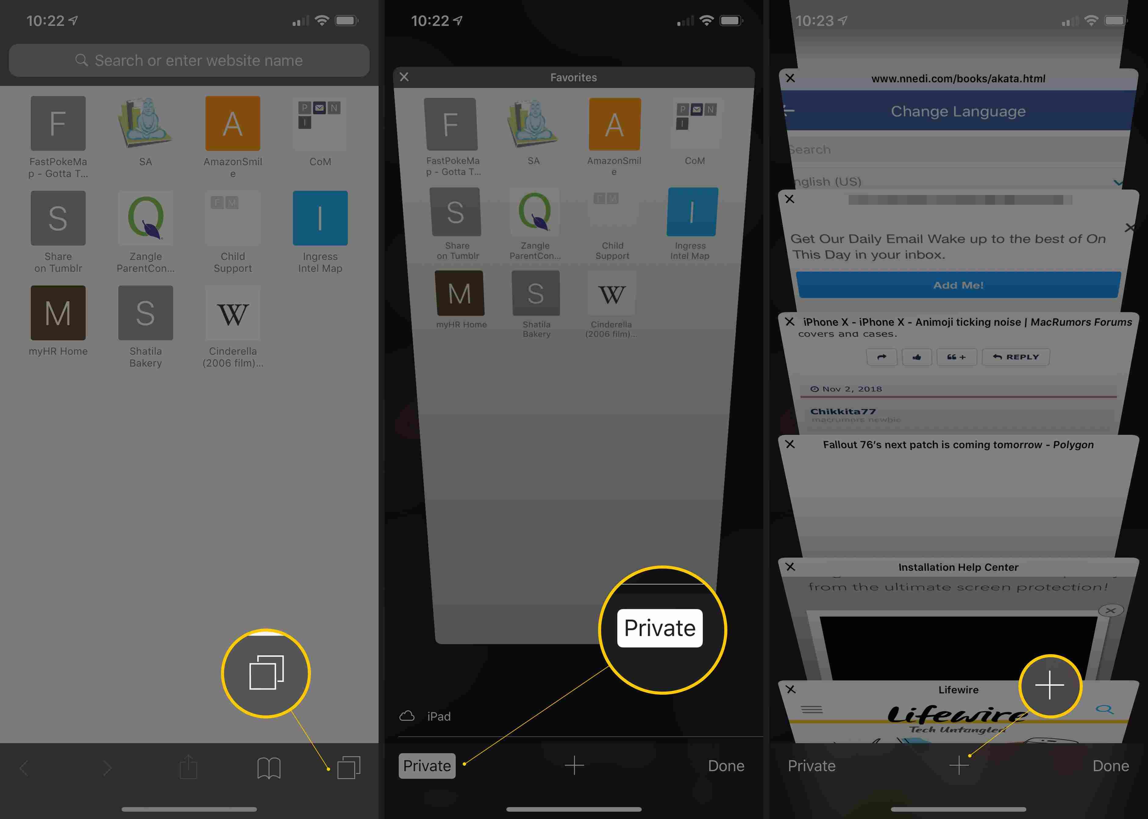 Три экрана iOS с новым окном, приватным просмотром и кнопками «Плюс» для выхода из режима приватного просмотра