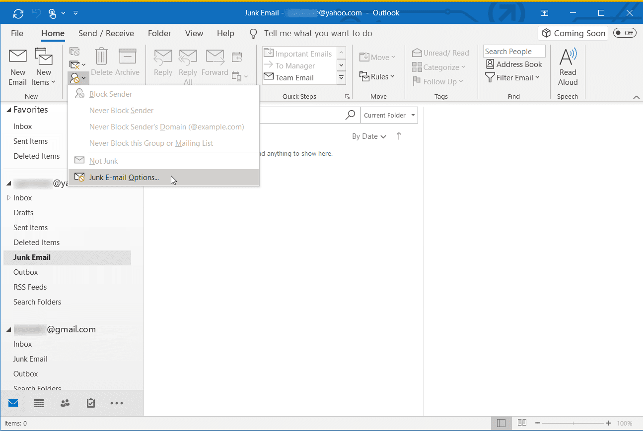 Снимок экрана параметров нежелательной почты в Outlook