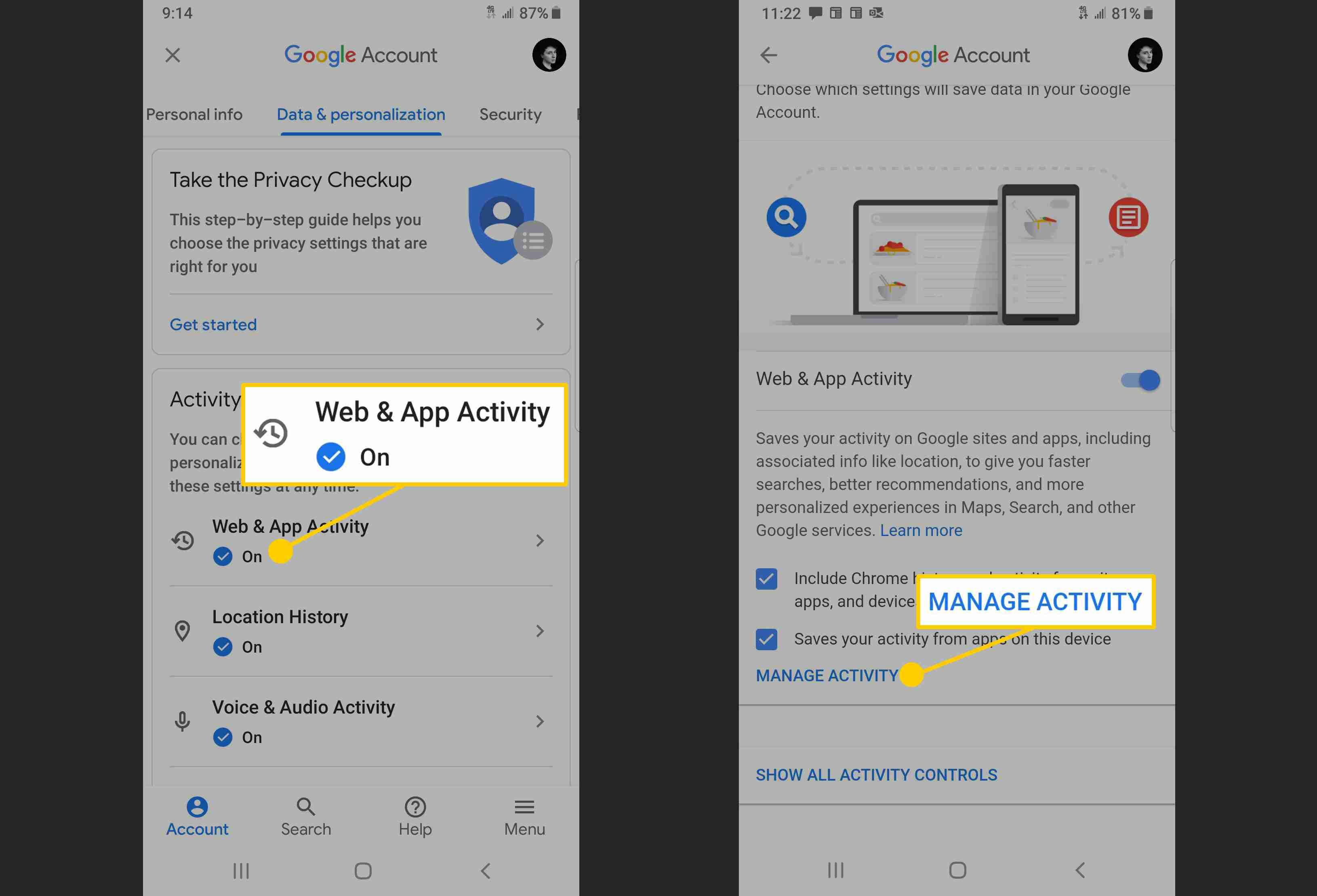 Снимок экрана: места для веб-поиска и управления активностью на Android.
