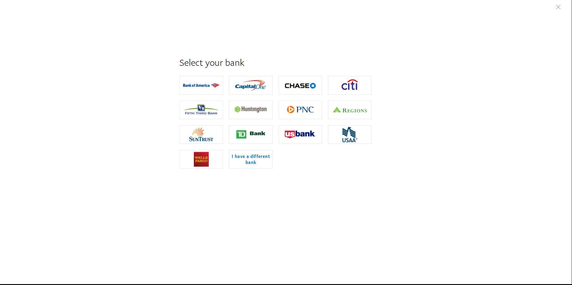 Выберите свой банк для связи с PayPal