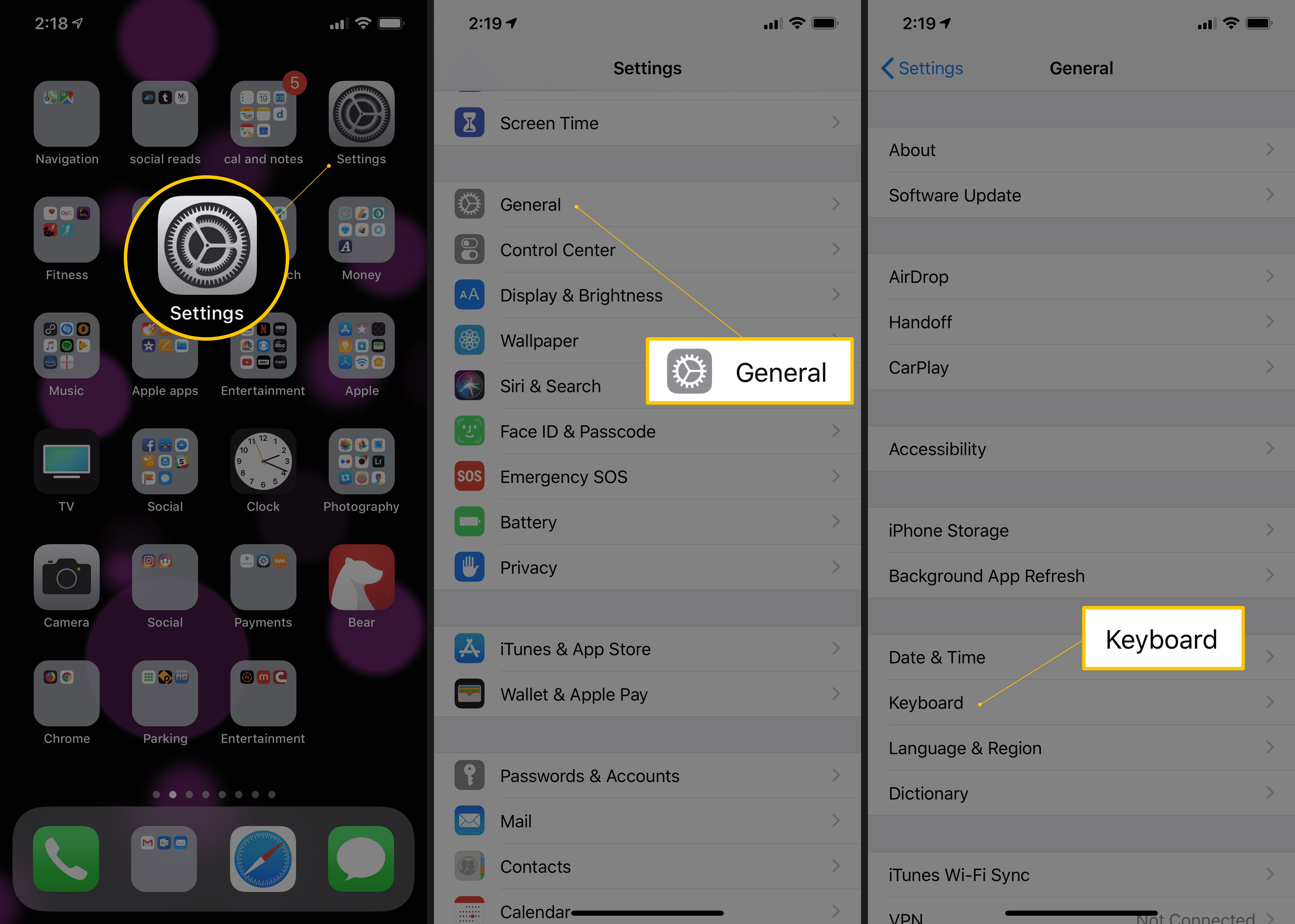 Три экрана iOS, на которых отображаются значок «Настройки», кнопка «Общие» и кнопка «Клавиатура»