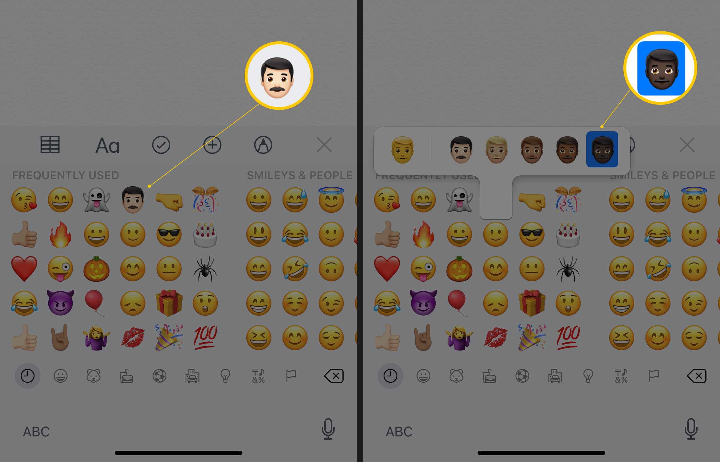 Два экрана iOS, показывающие мультикультурные варианты смайликов