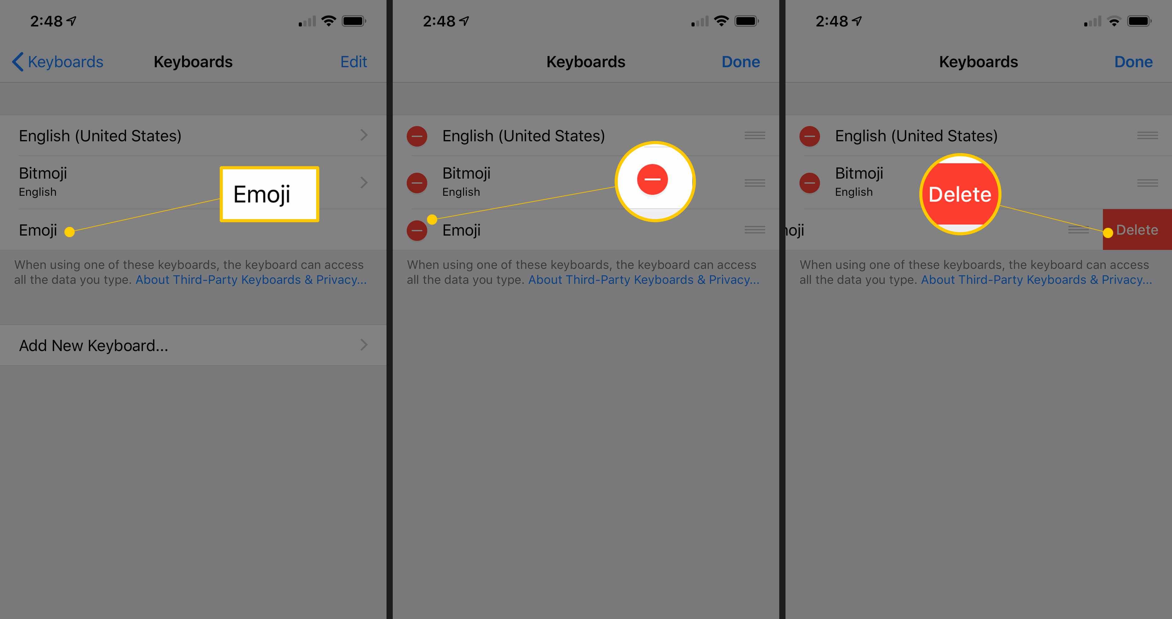 Три скриншота iOS с кнопкой Emoji, красным кружком удаления и красной кнопкой «Удалить» в настройках клавиатуры