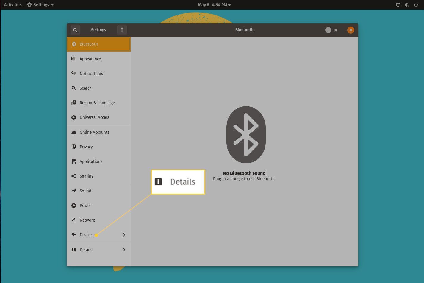 Снимок экрана: окно настроек GNOME.