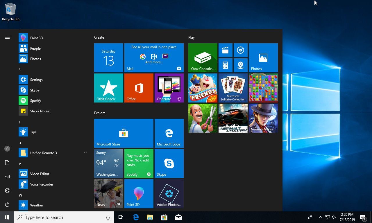 Windows 10 меню «Пуск» с настройками