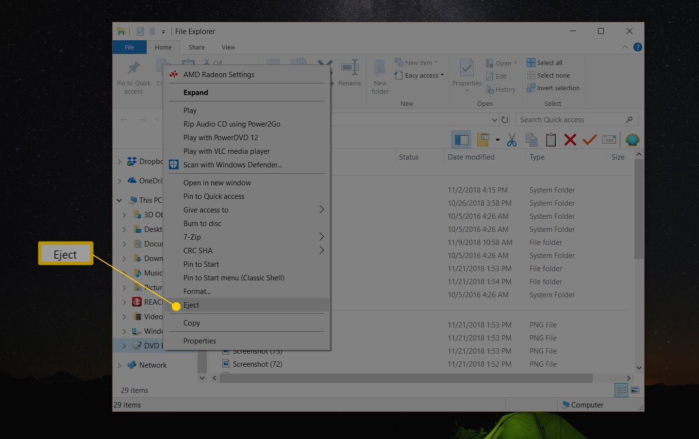 Проводник в Windows 10, показывающий контекстное меню с выделенной командой Eject