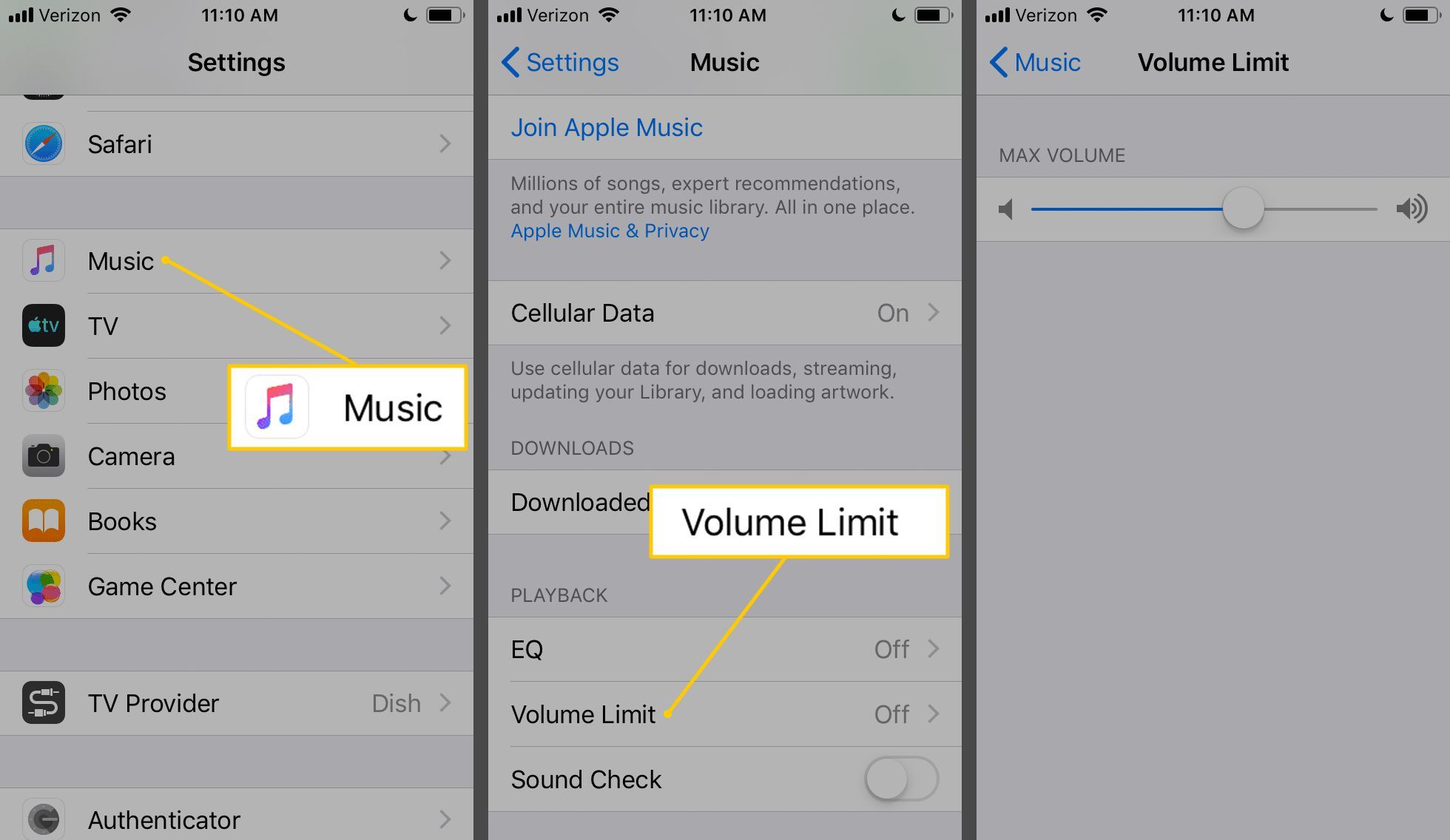 Музыка, кнопки Volume Limit в настройках iOS