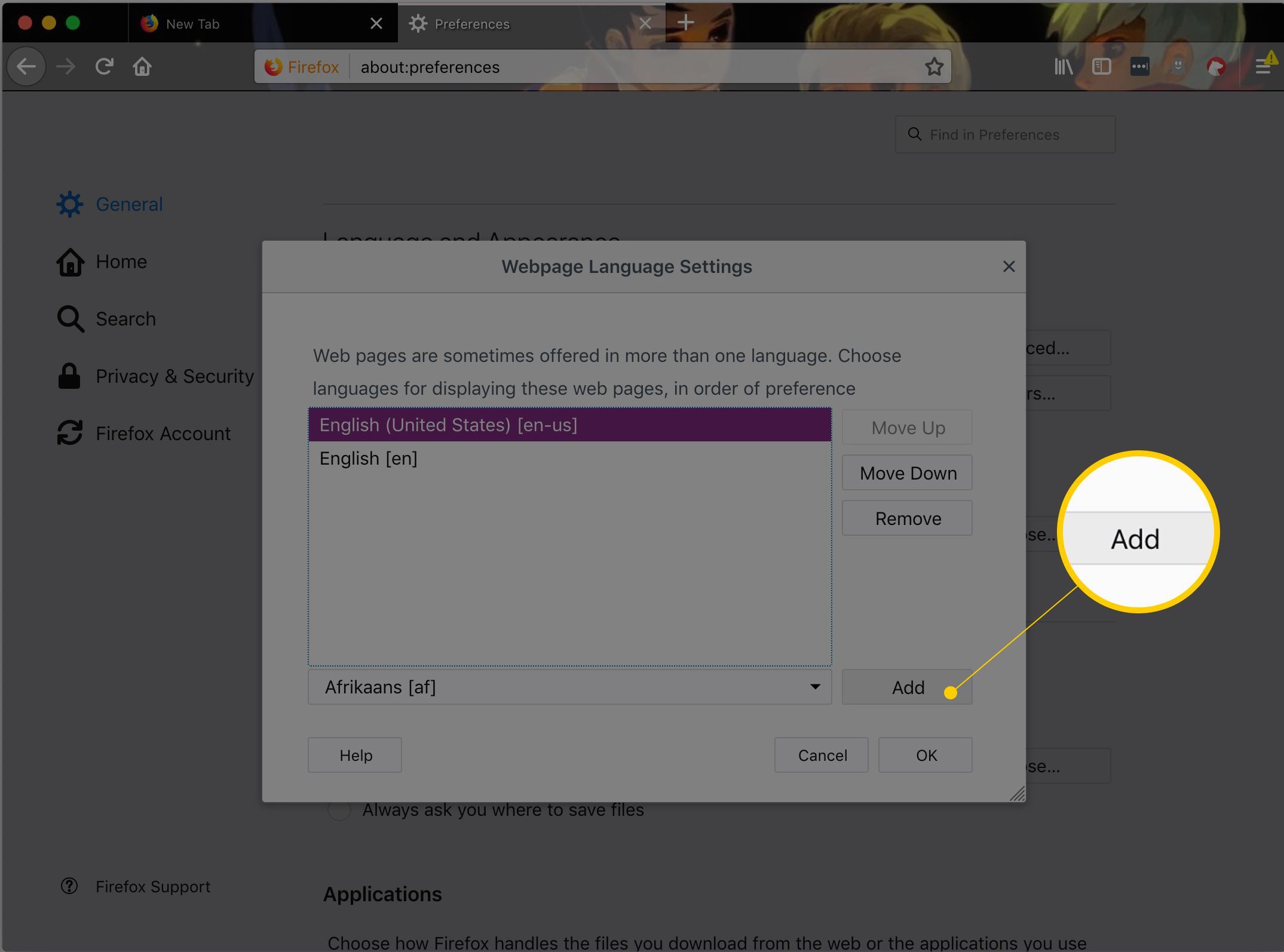 Кнопка «Добавить язык» в диалоговом окне «Настройки языка Firefox»