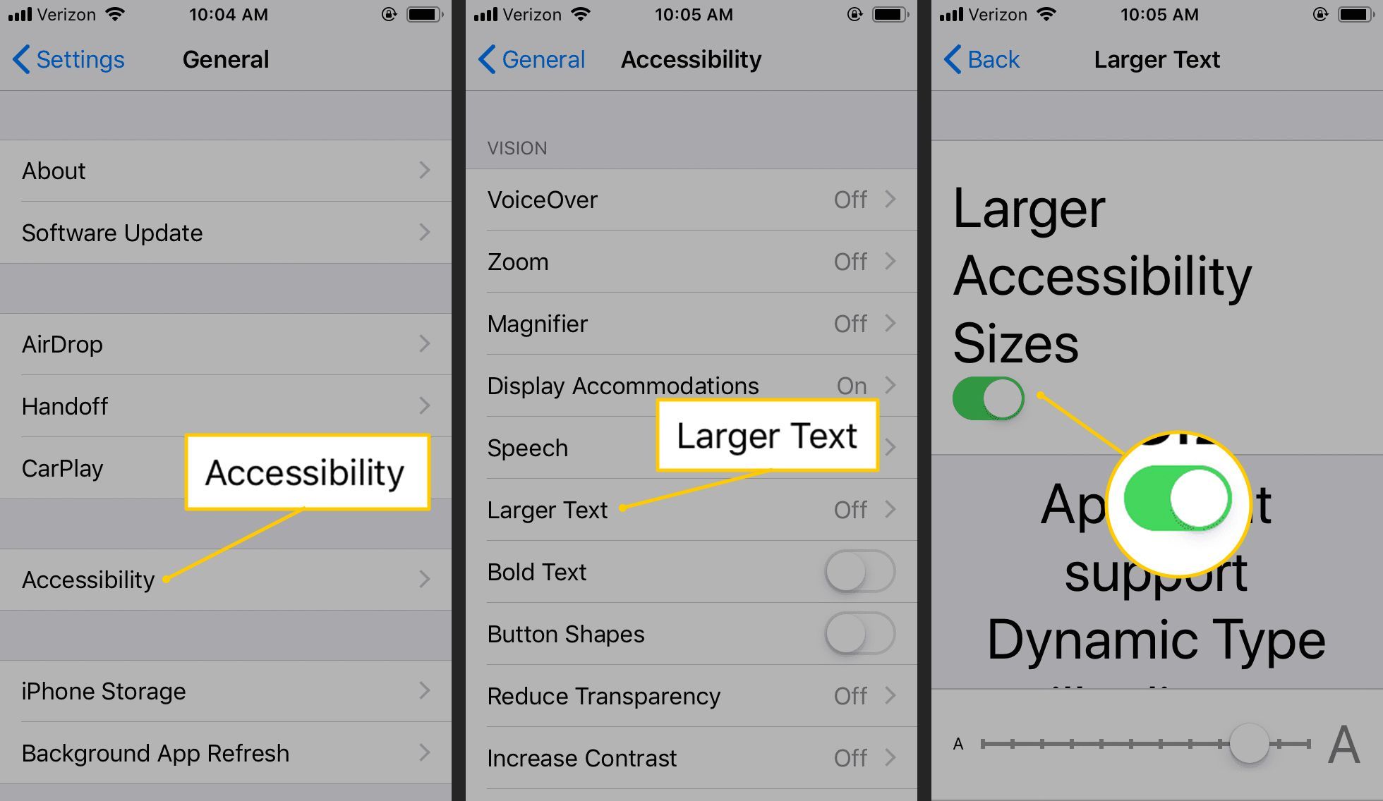 Доступность, увеличенный текст, переключение в настройках iOS