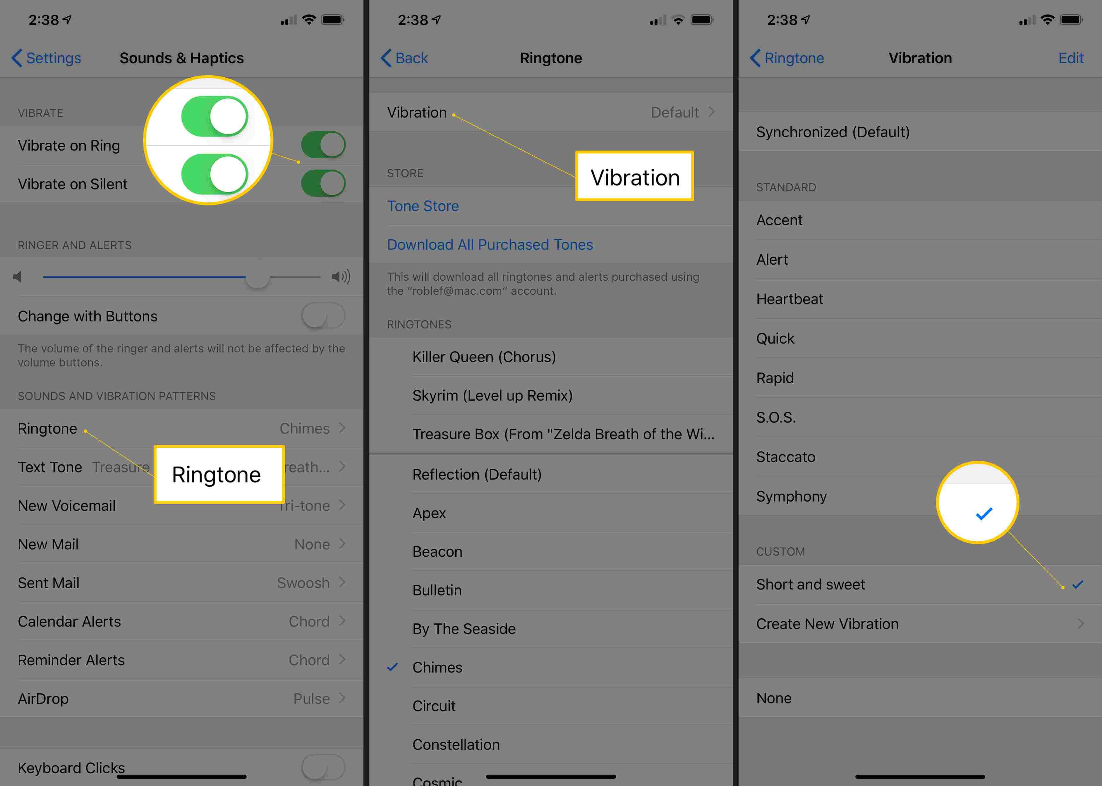 Три экрана iOS, на которых отображаются переключатели «Вибрация при звонке» и «Без звука», кнопка «Рингтон», кнопка «Вибрация» и флажок