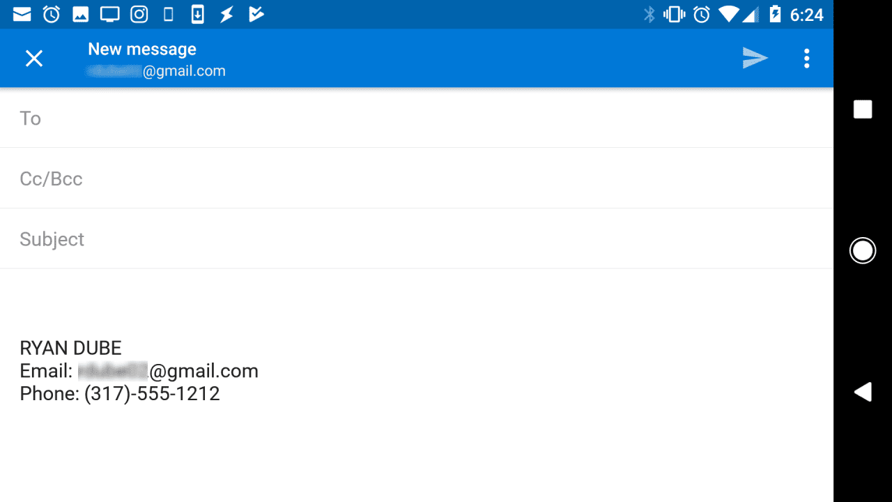 Скриншот нового сообщения с подписью в Outlook mobile