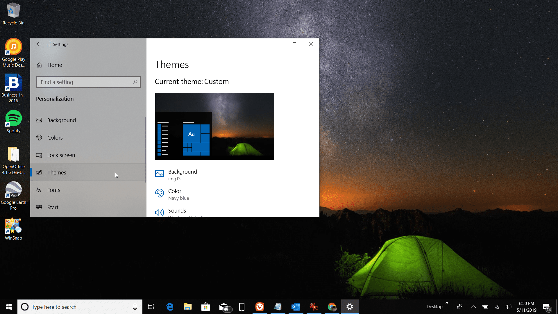 Скриншот темы в окне настроек в Windows 10