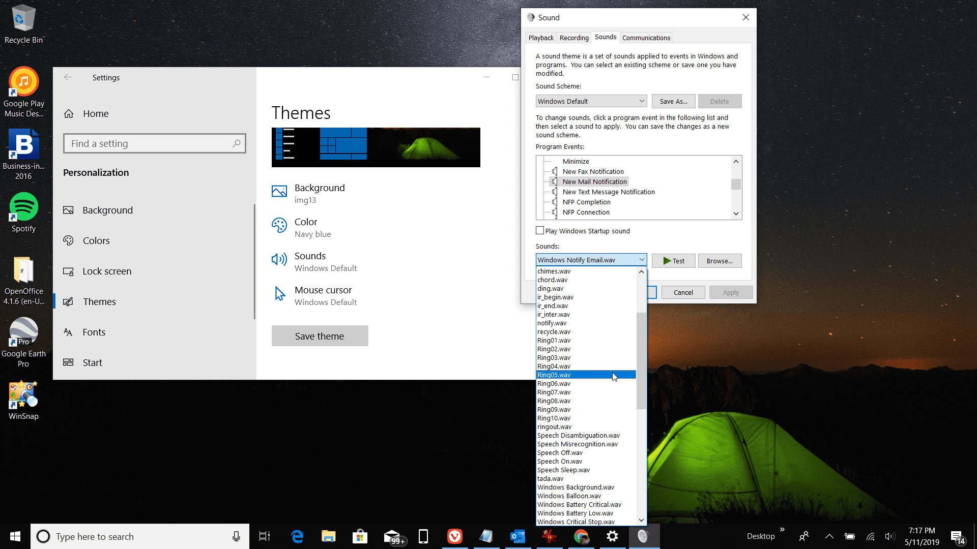 Снимок экрана выбора звукового уведомления в Windows 10