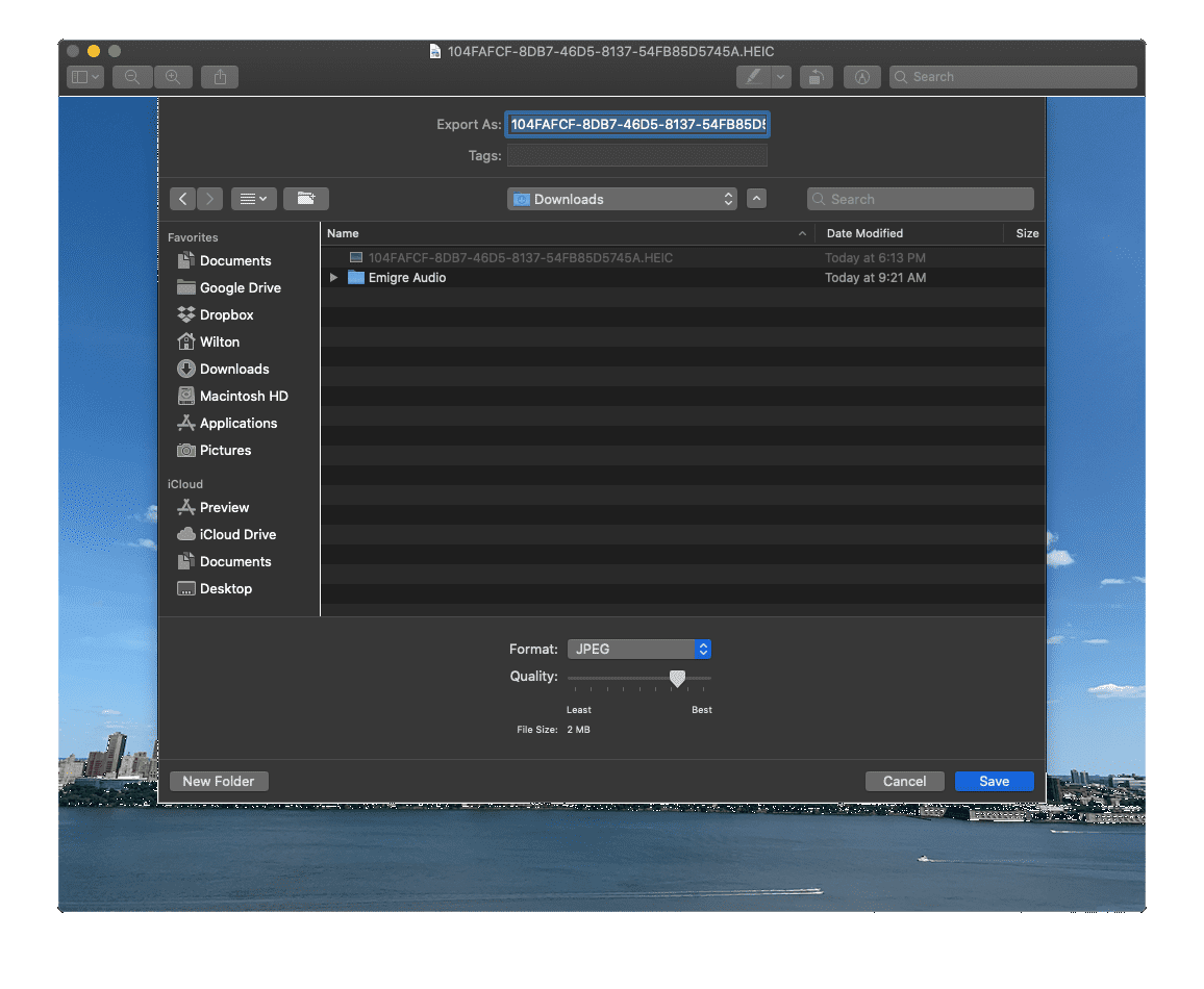 Функция предварительного просмотра MacOS с выбранным форматом JPEG и выделенной кнопкой «Сохранить».