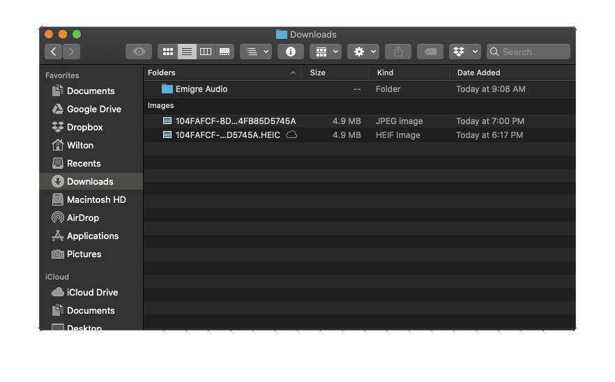 Файловая система MacOS, показывающая оригинальный файл HEIC и преобразованный файл JPEG.