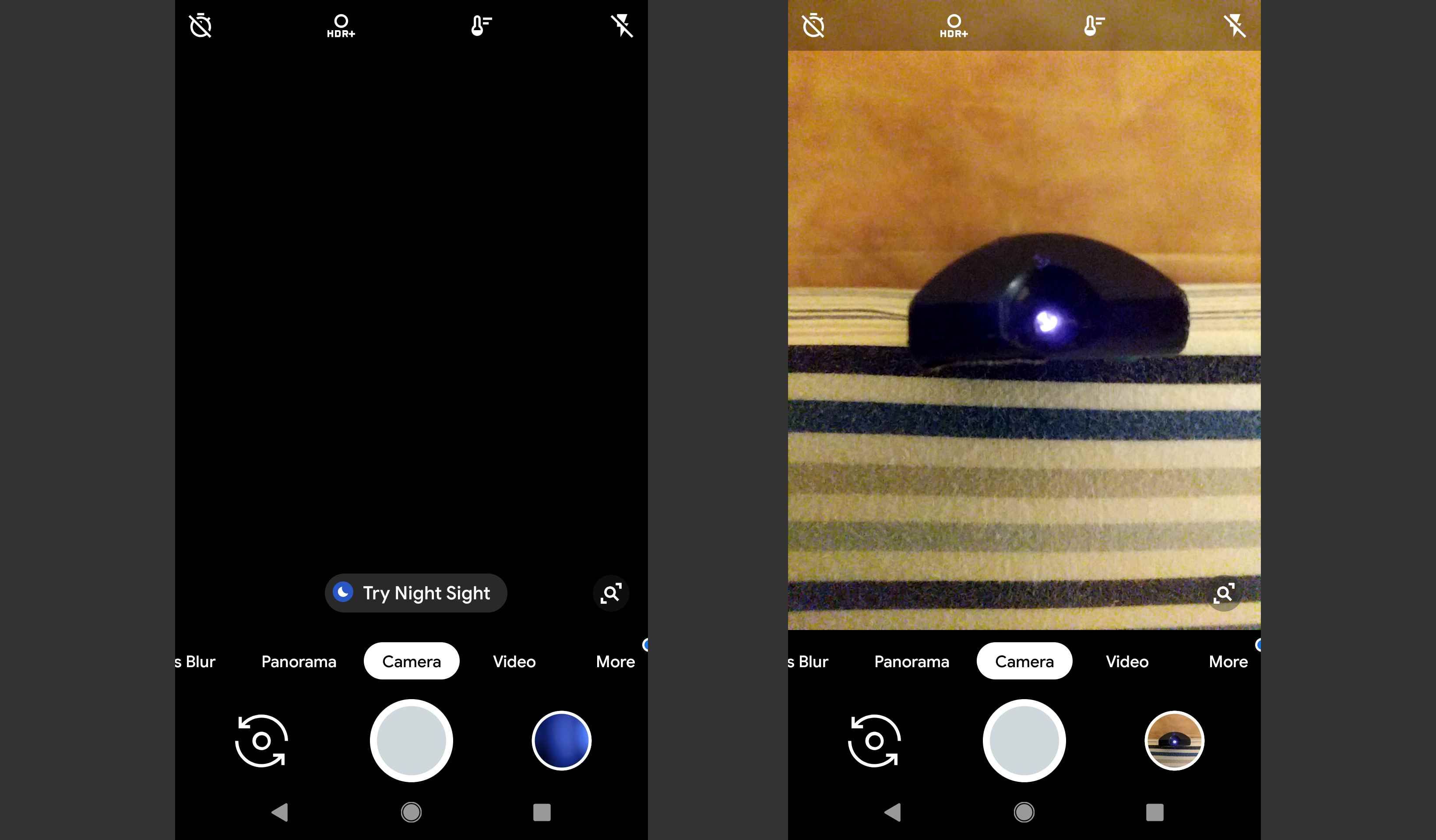 Скриншот, показывающий ИК-свет от пульта от телевизора с Android's stock camera app.