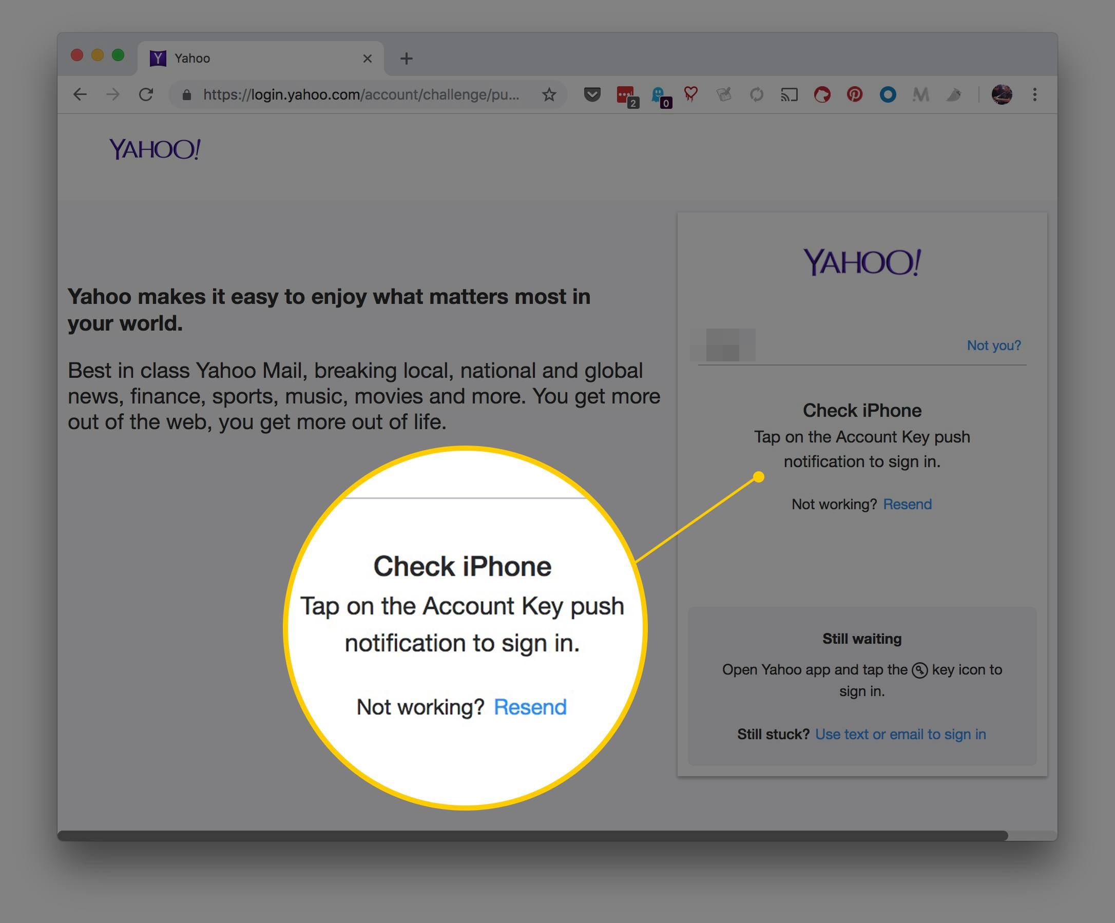 Экран, показывающий сообщение «Проверить iPhone» при входе в Yahoo с помощью ключа учетной записи