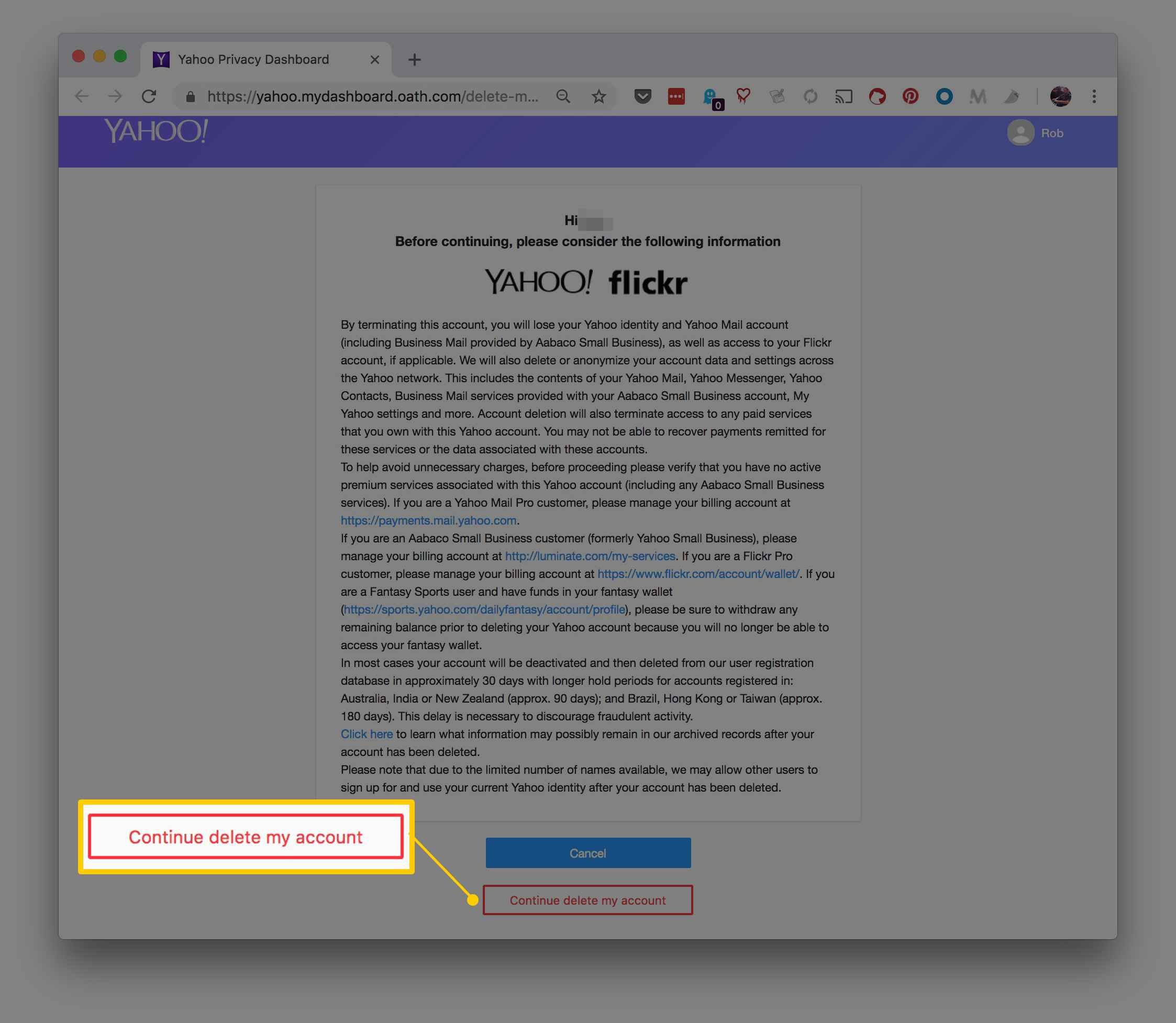 Снимок экрана с предупреждением об удалении учетной записи Yahoo с выделенным флажком 
