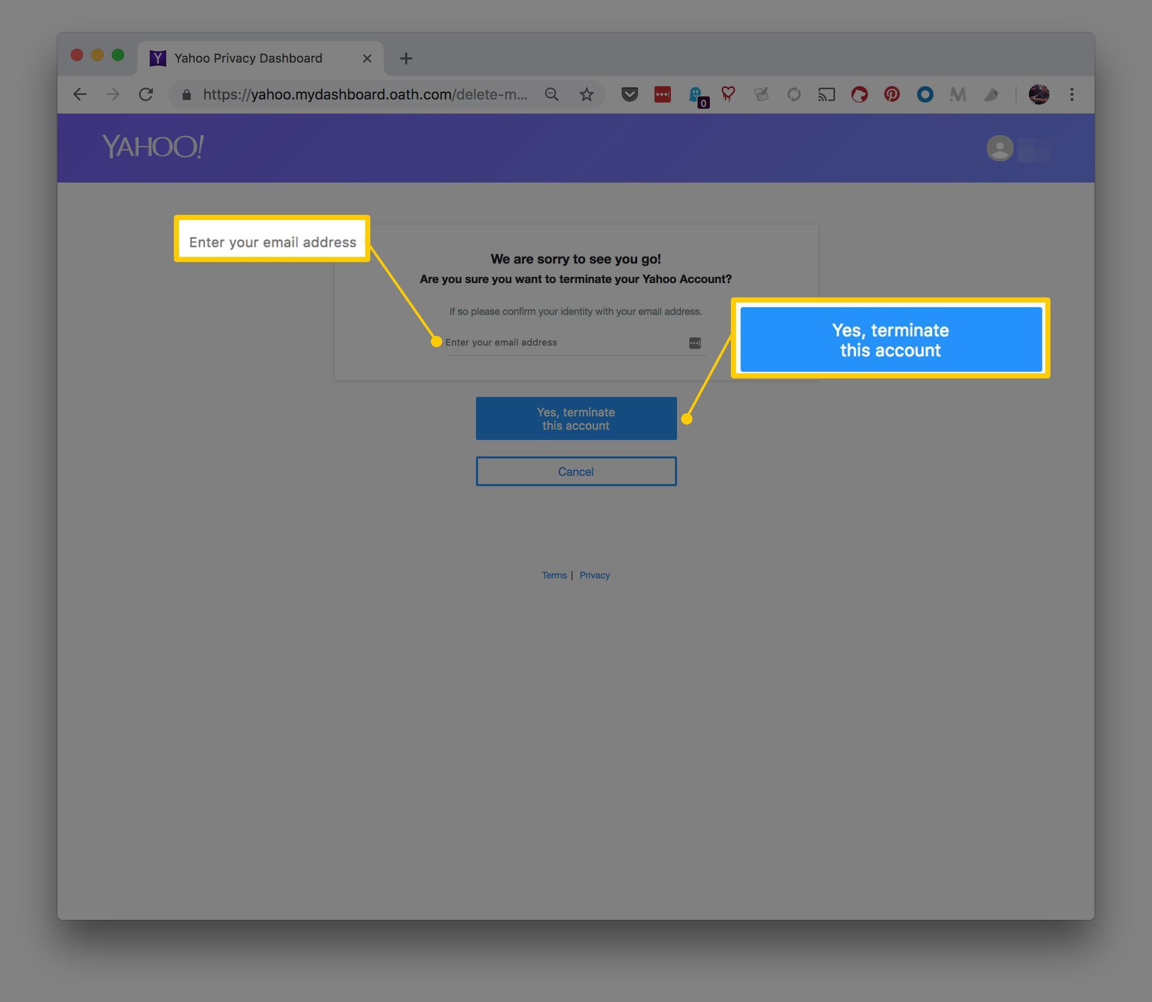 Снимок экрана Yahoo Privacy Dashboard highlightint Введите свой адрес электронной почты и Да, закрыть эту учетную запись