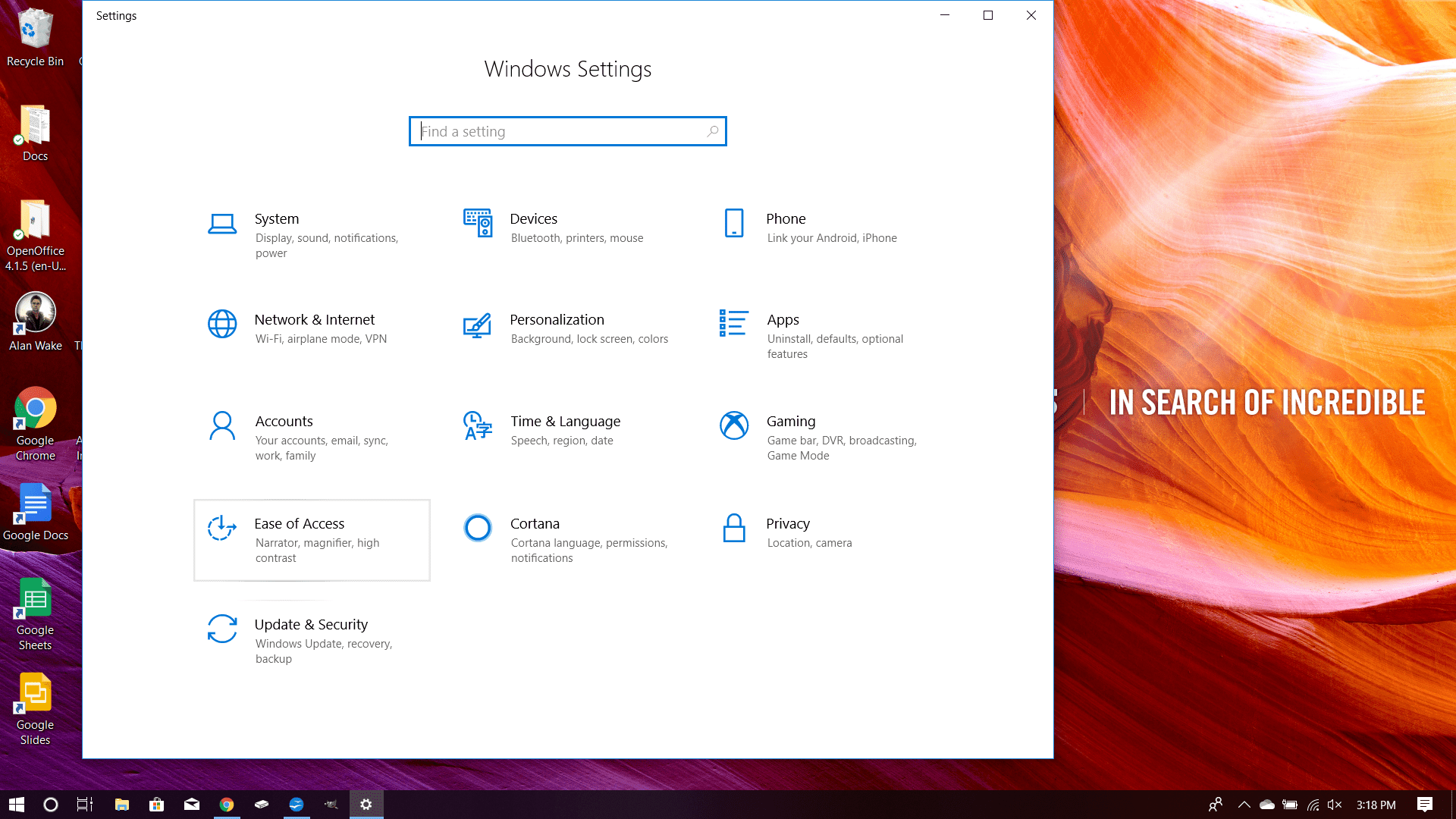 Главное меню настроек в Windows 10
