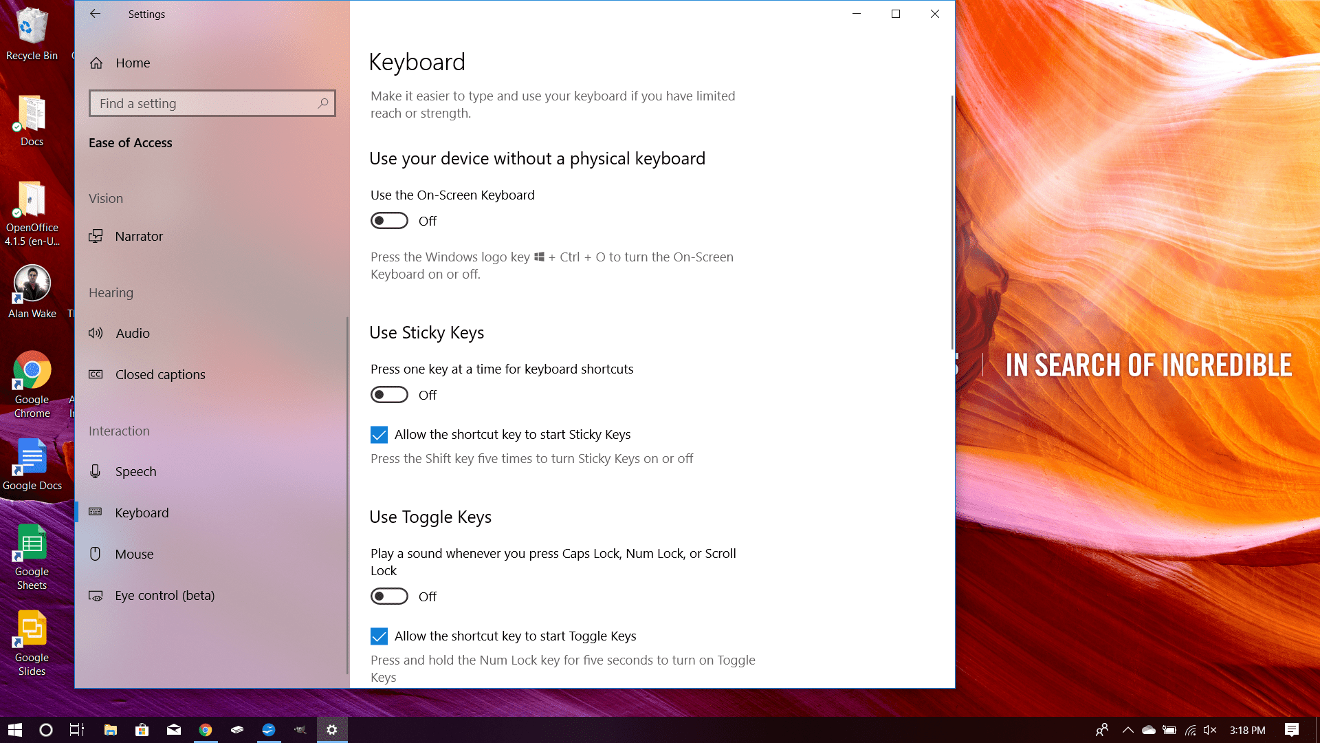 Подменю Клавиатура в Windows 10