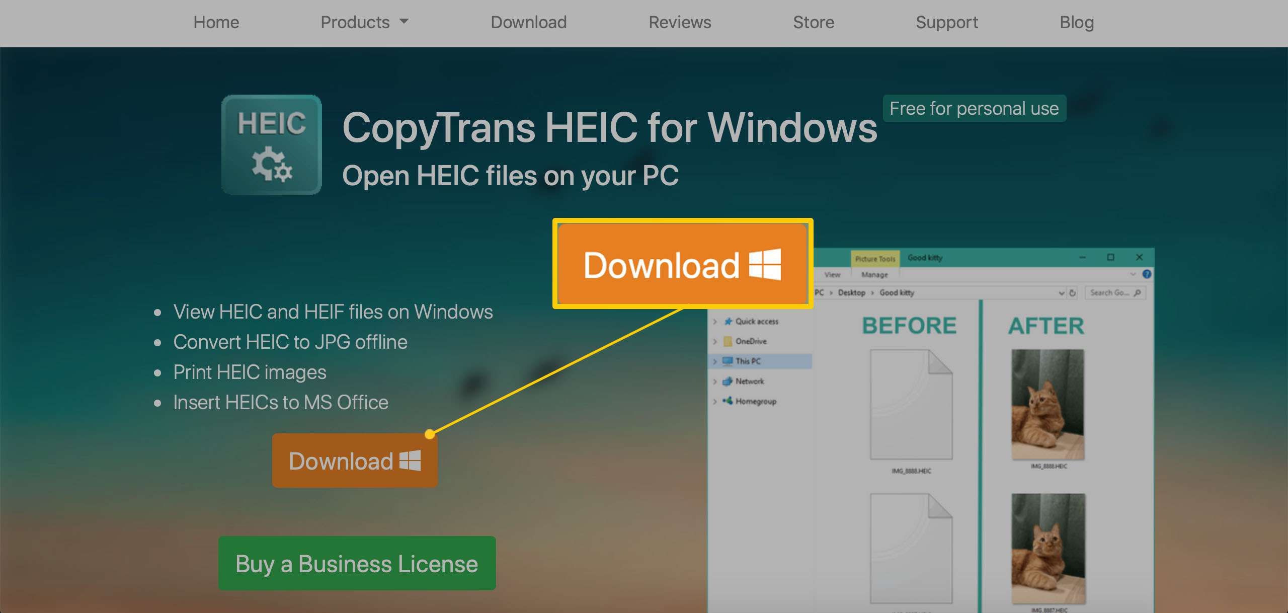Окно браузера, отображающее пакет программного обеспечения CopyTrans HEIC для Windows