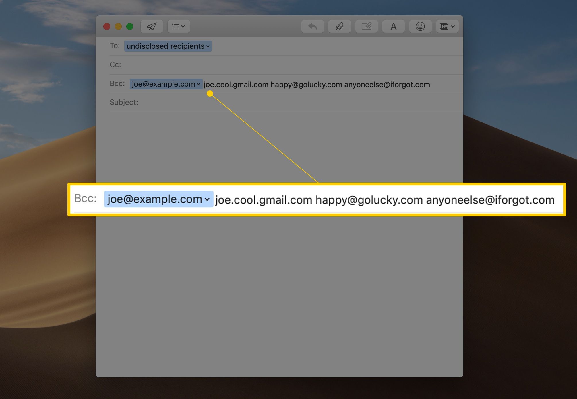 Bcc: поле в нераскрытой электронной почте получателей в приложении Mail для macOS