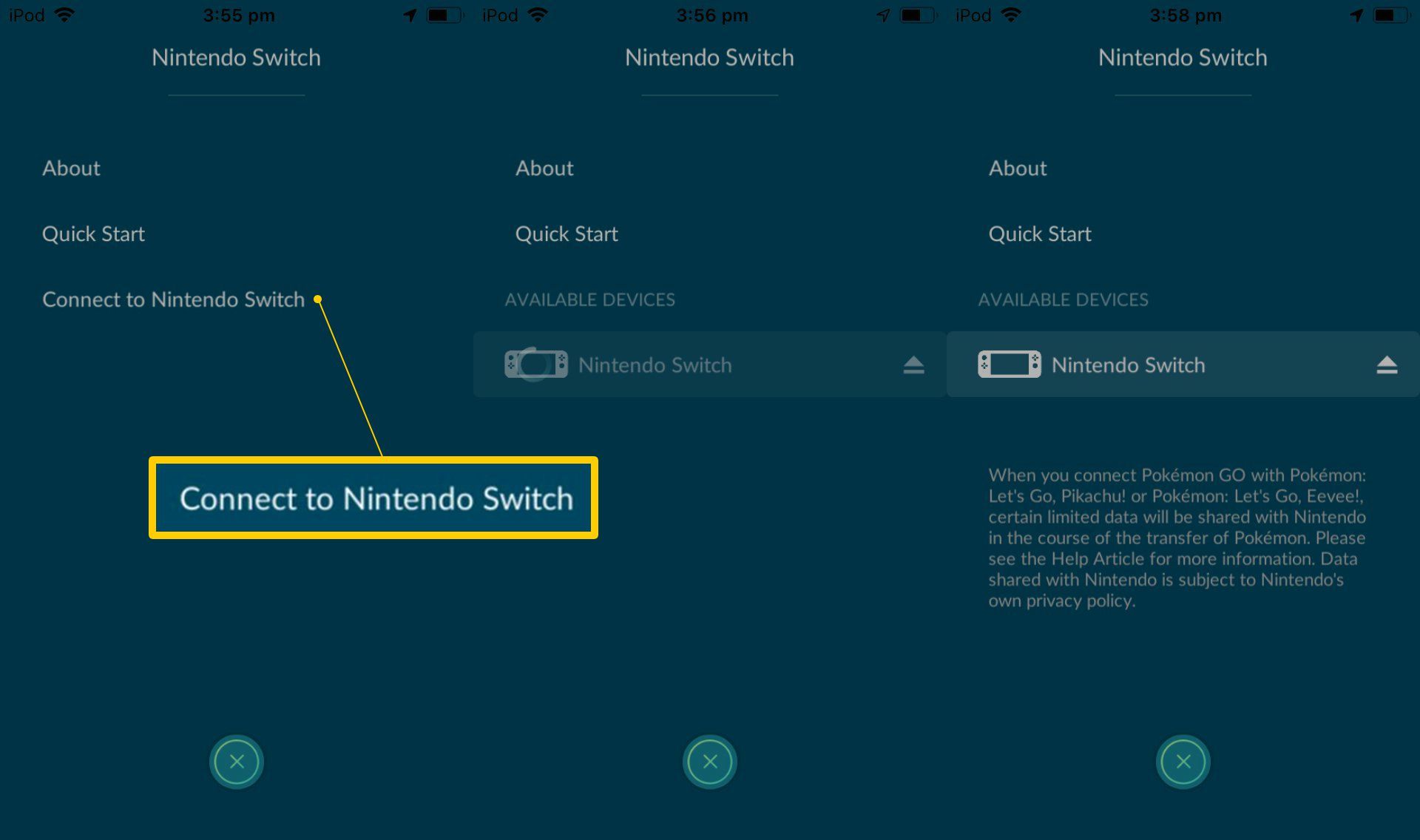 Кнопка «Подключиться к Nintendo Switch» в приложении iOS Pokemon Go