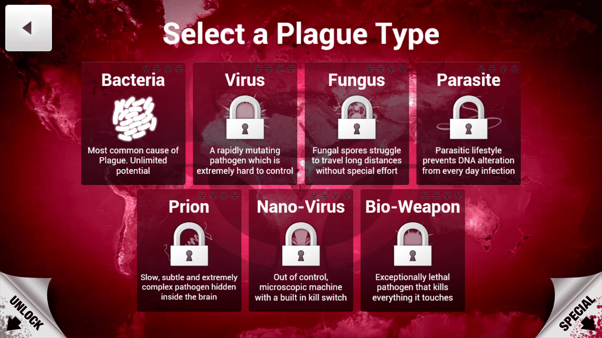 Скриншот чумы вкл. показывая различные виды эпидемий на выбор.