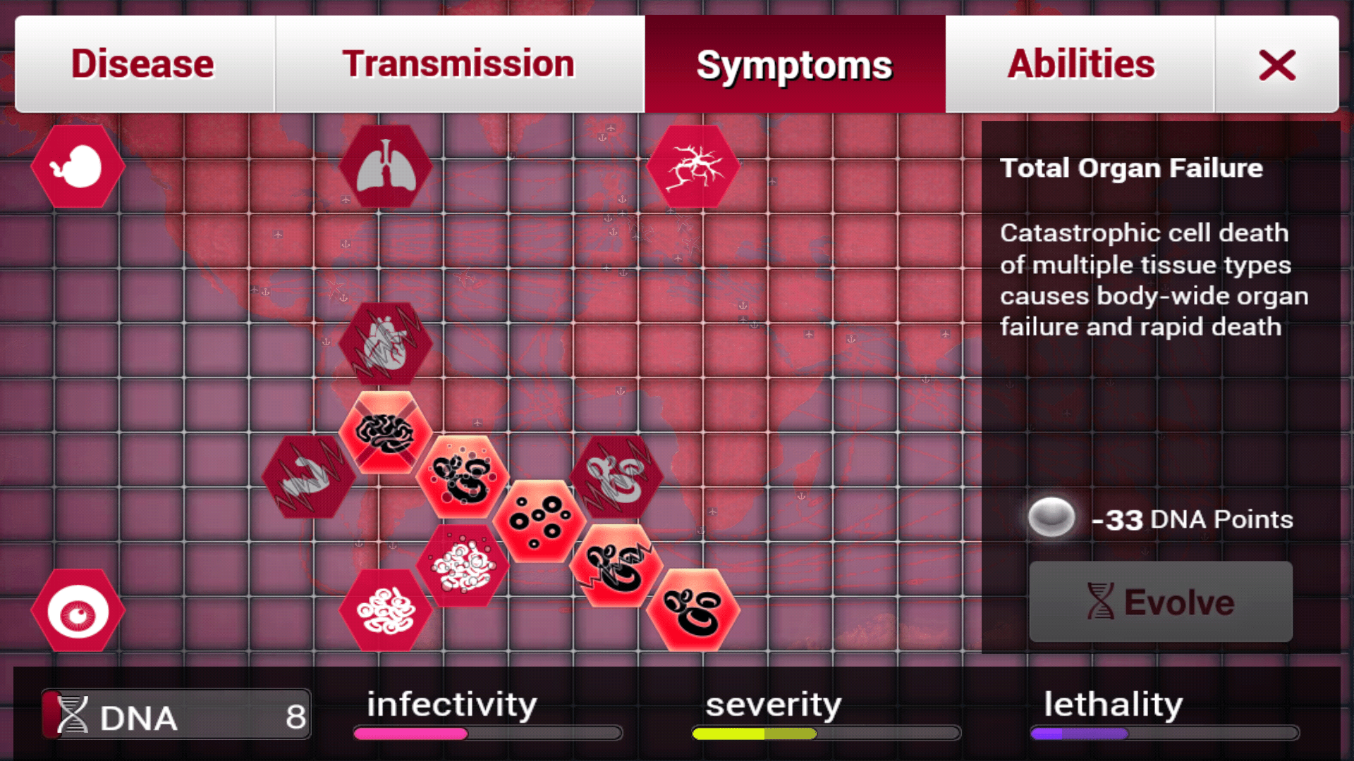 Экран Plague Inc, позволяющий выбрать симптом.