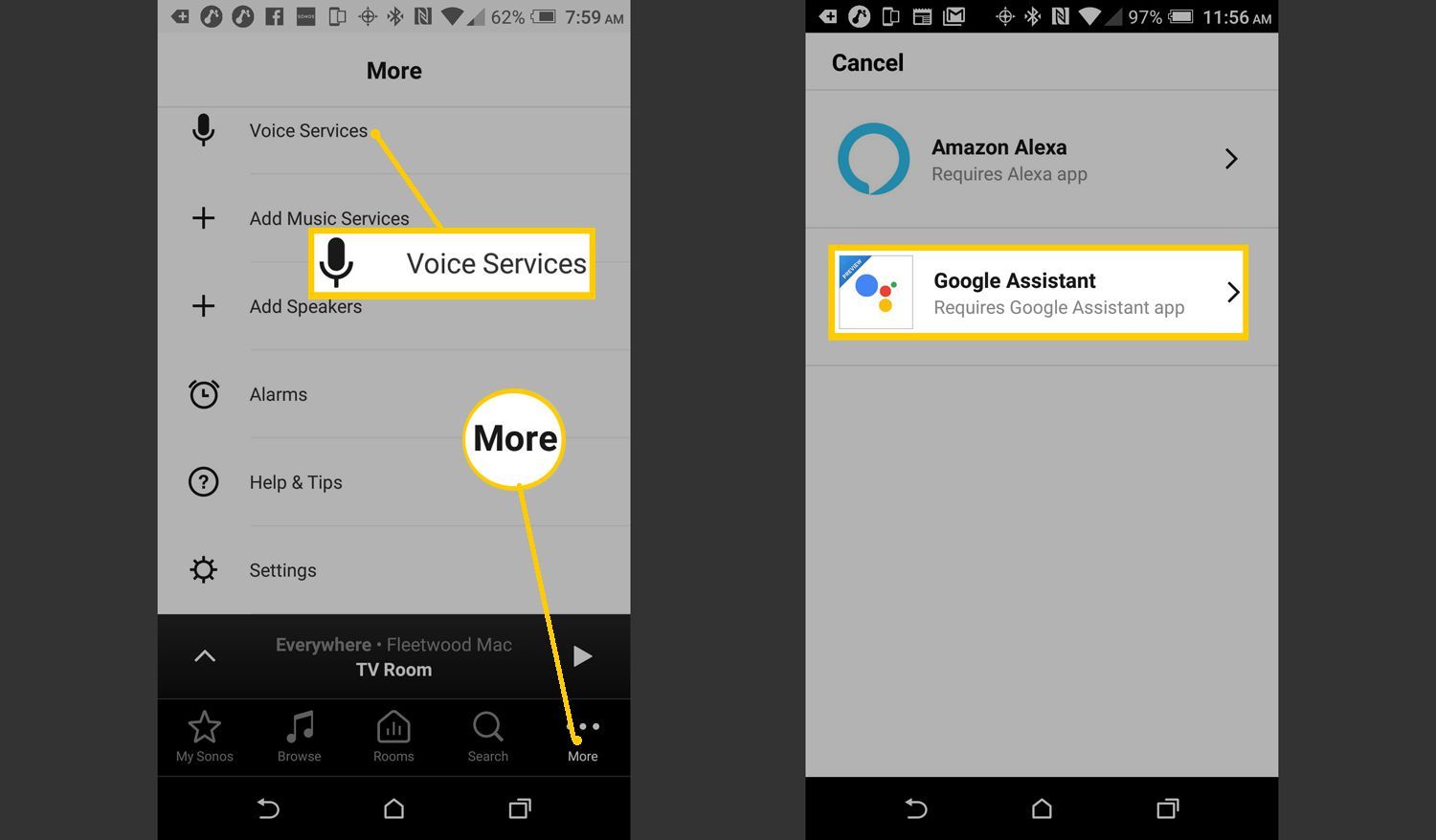 Установка Sonos - выберите Google Assistant