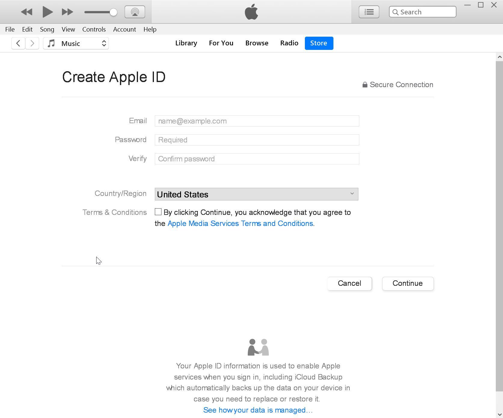 Форма для создания Apple ID в iTunes