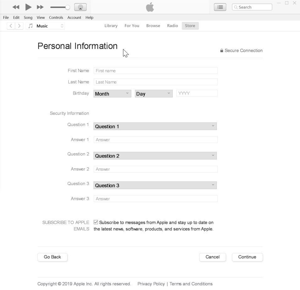 Персональная информационная форма для создания Apple ID