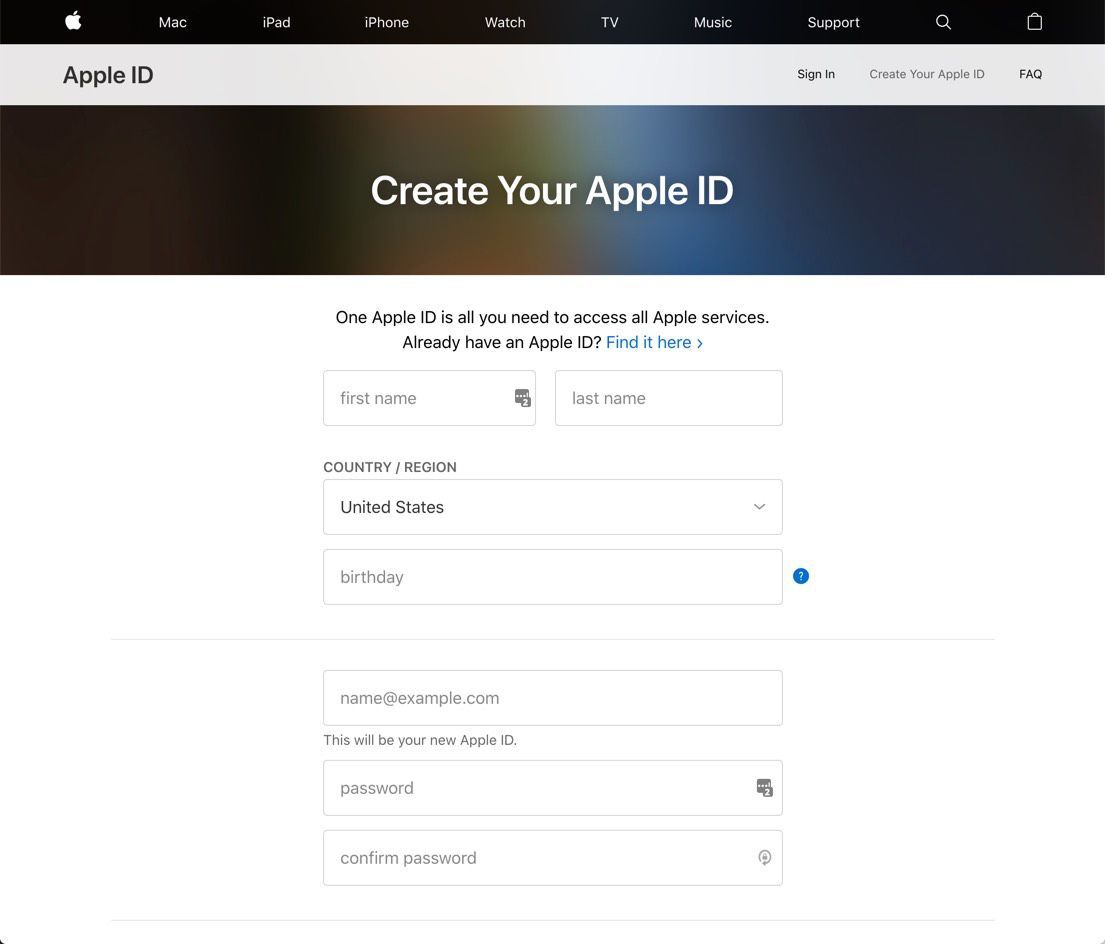 Веб-страница для создания Apple ID