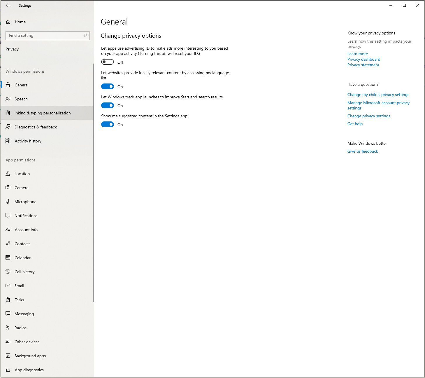 Экран конфиденциальности настроек Windows содержит разрешения приложения