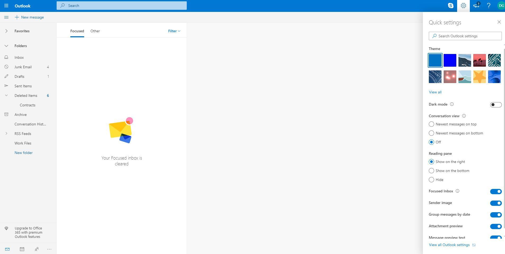 Снимок экрана, показывающий просмотр всех настроек Outlook в меню настроек Outlook