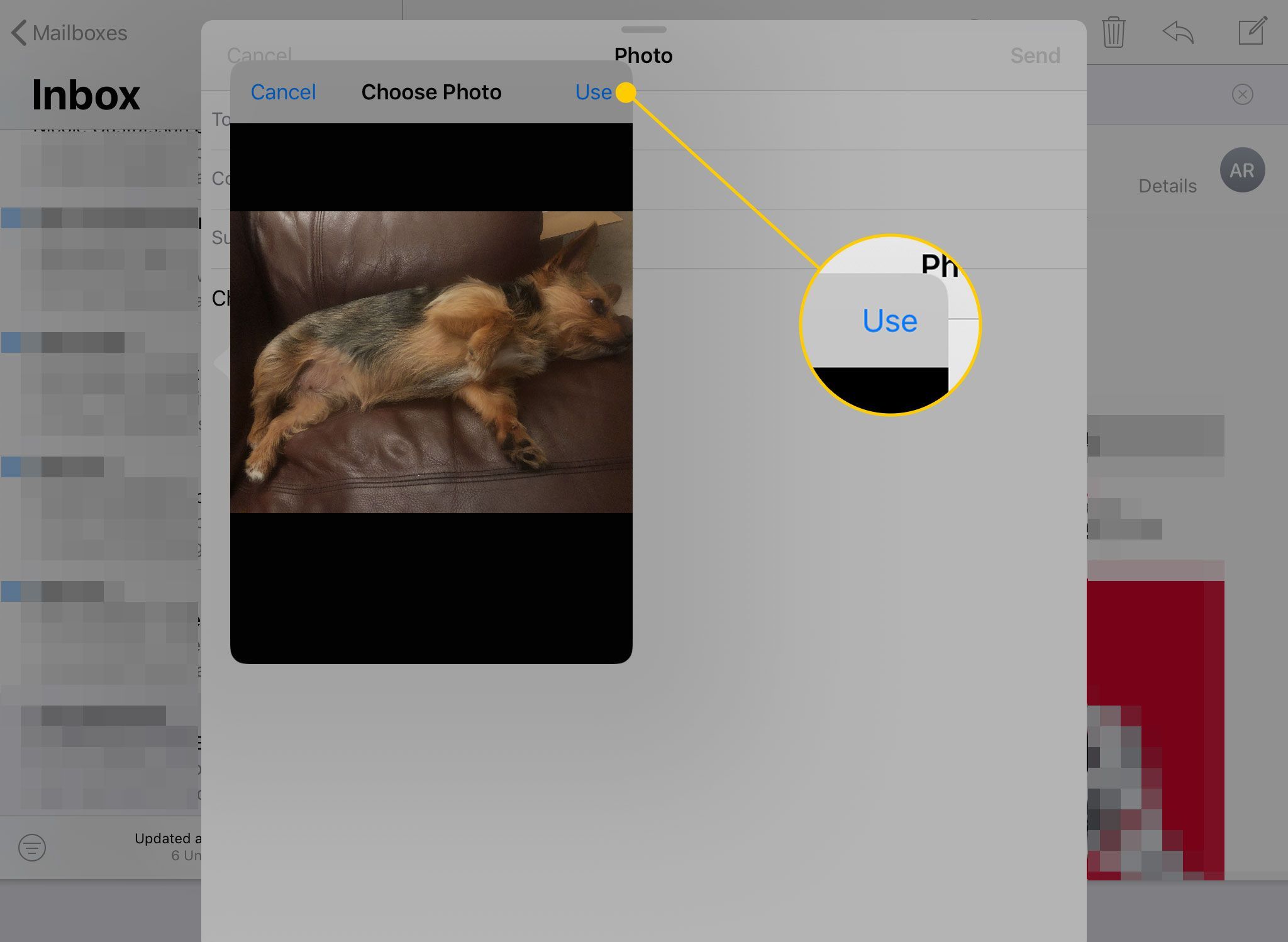 Окно выбора фотографии, открытое в электронном письме на iPad с выделенной кнопкой «Использовать»