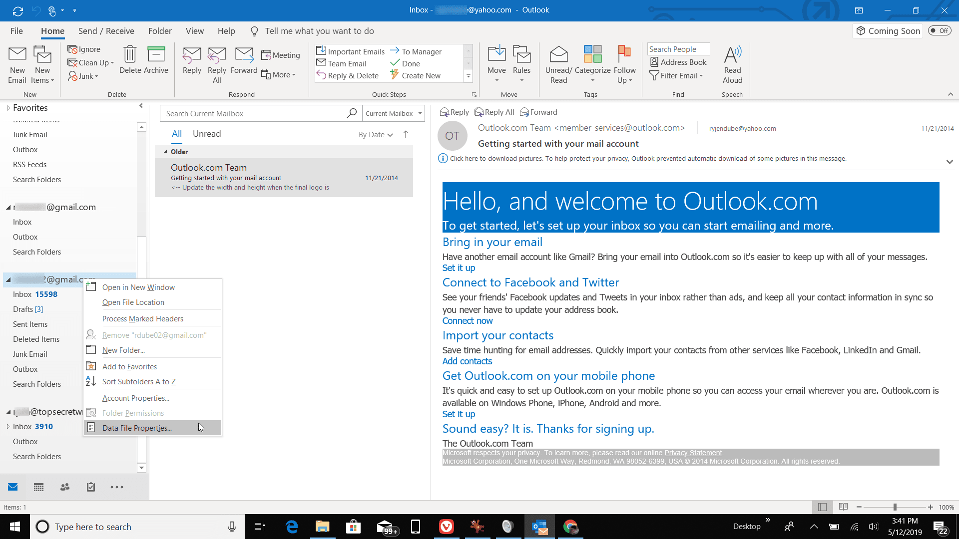 Снимок экрана: Свойства файла данных в Outlook