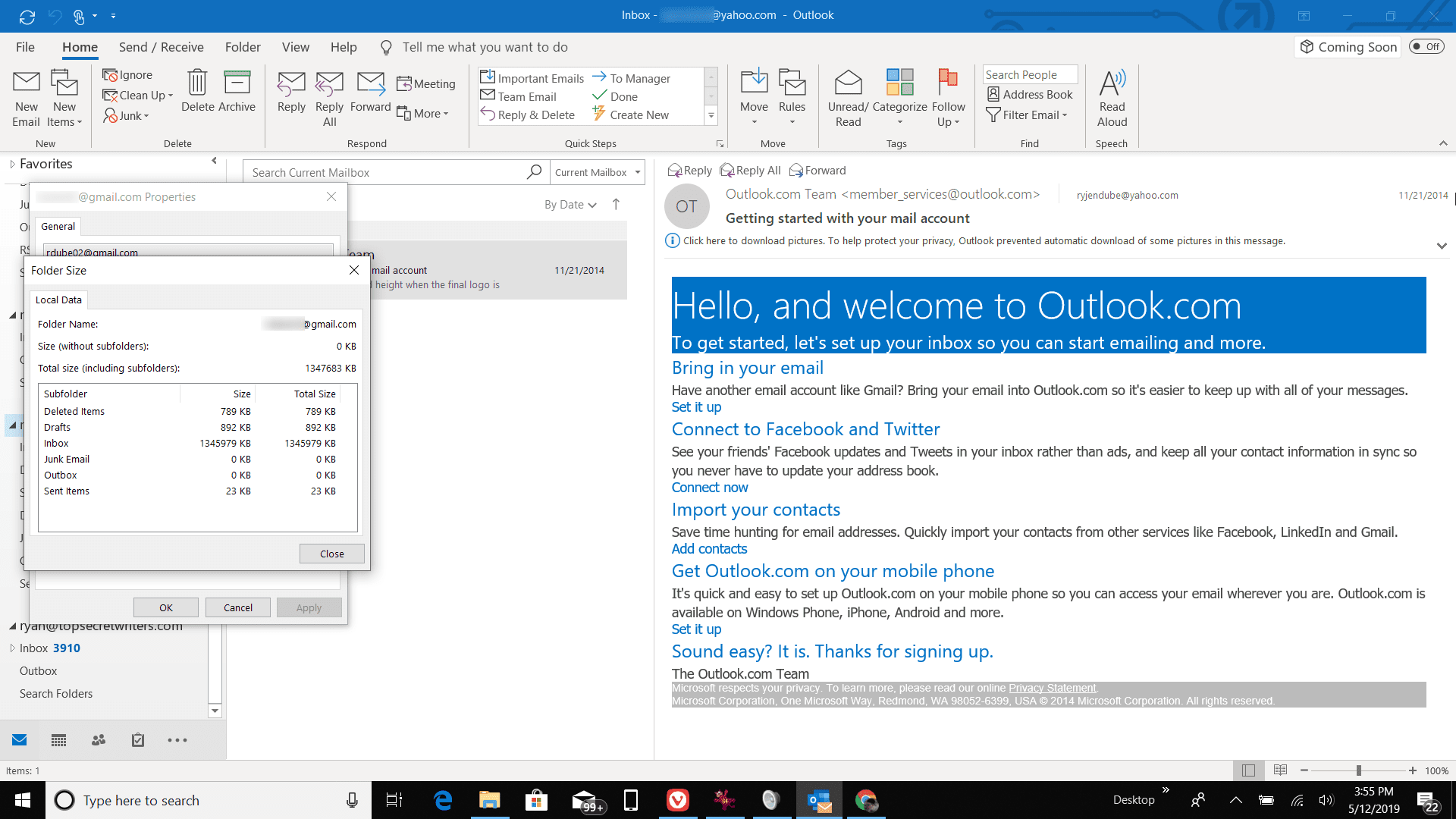 Снимок экрана: окно размера папки в Outlook