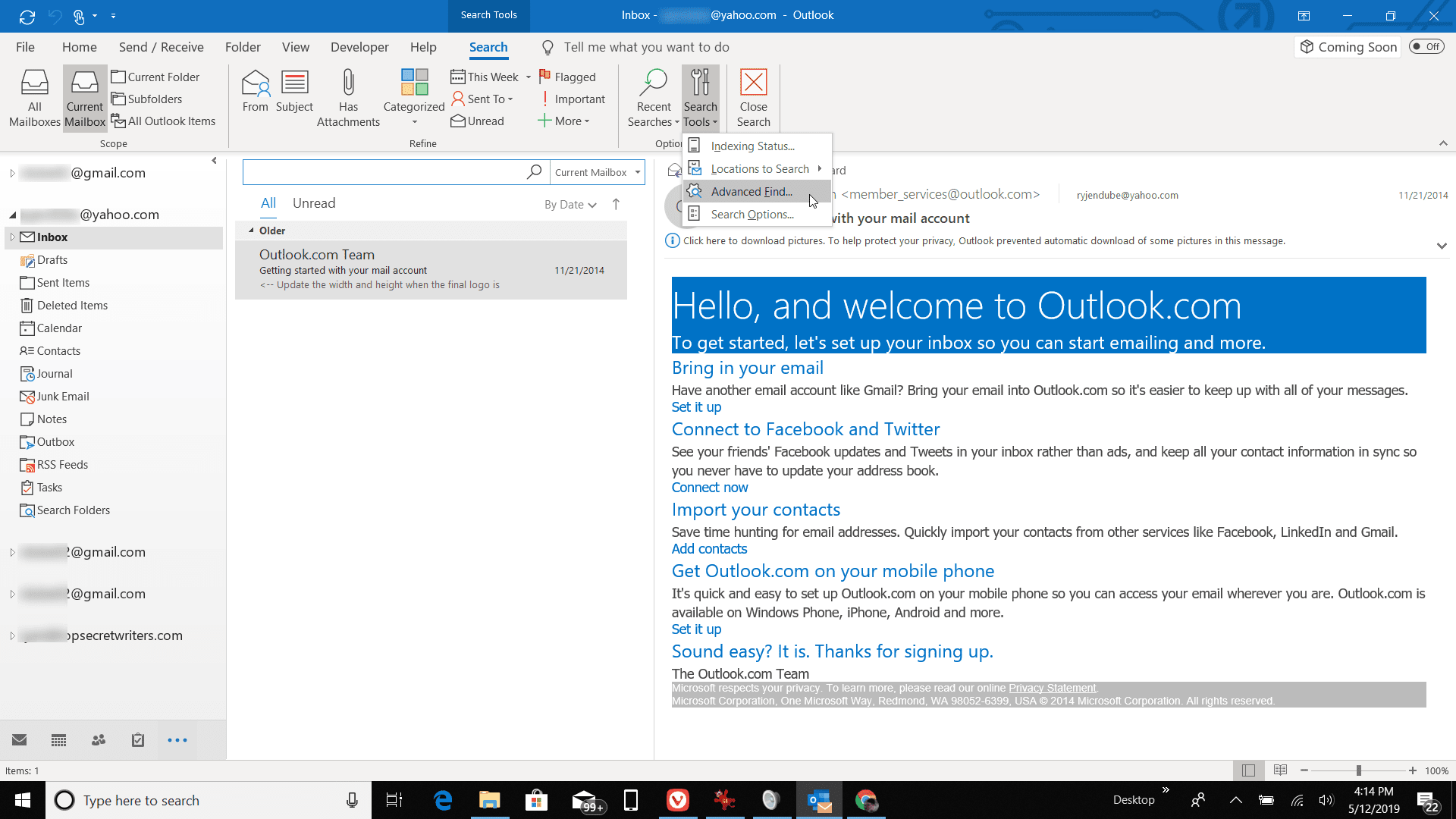 Снимок экрана инструментов поиска в Outlook