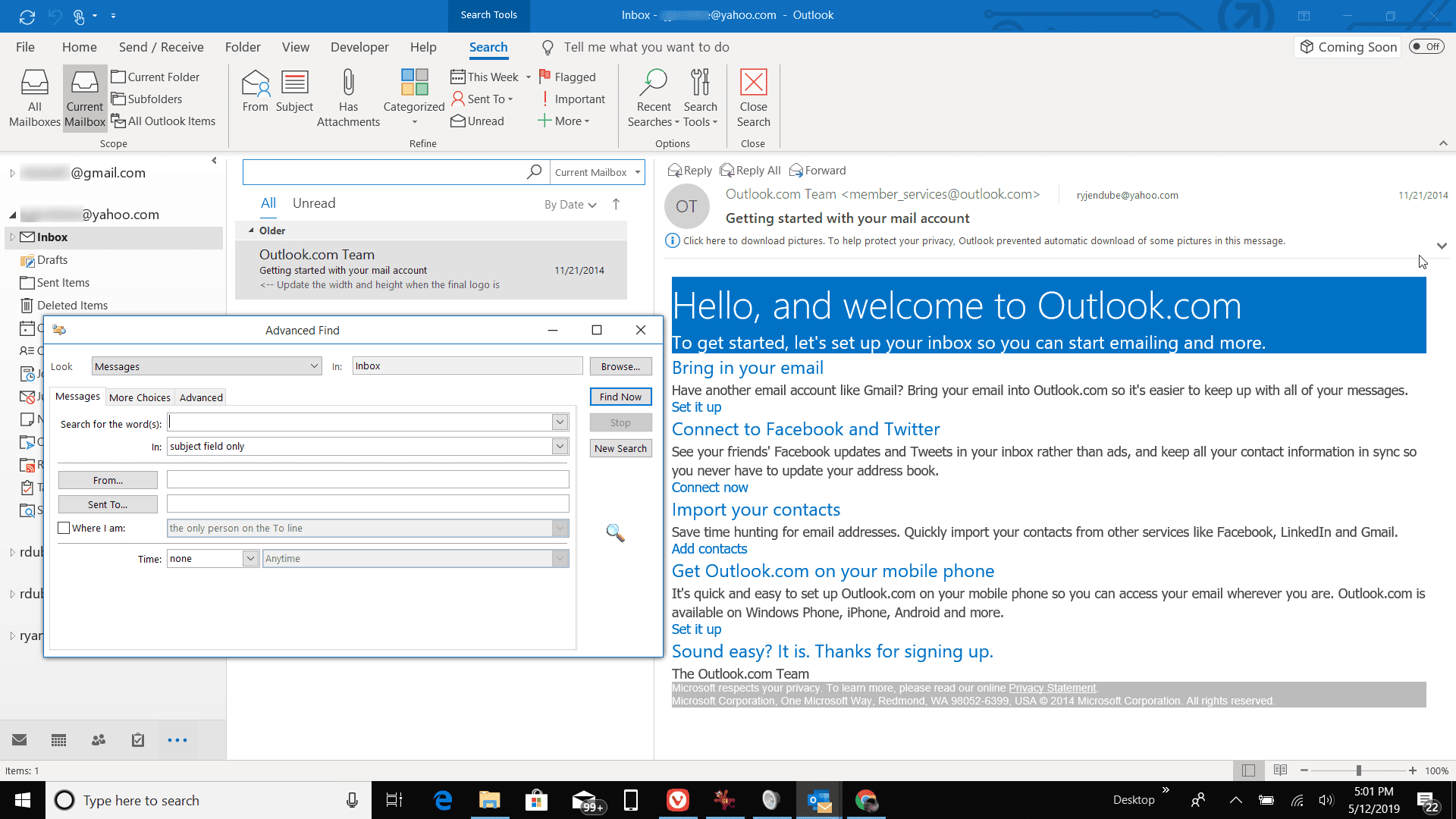 Снимок экрана расширенного поиска в Outlook