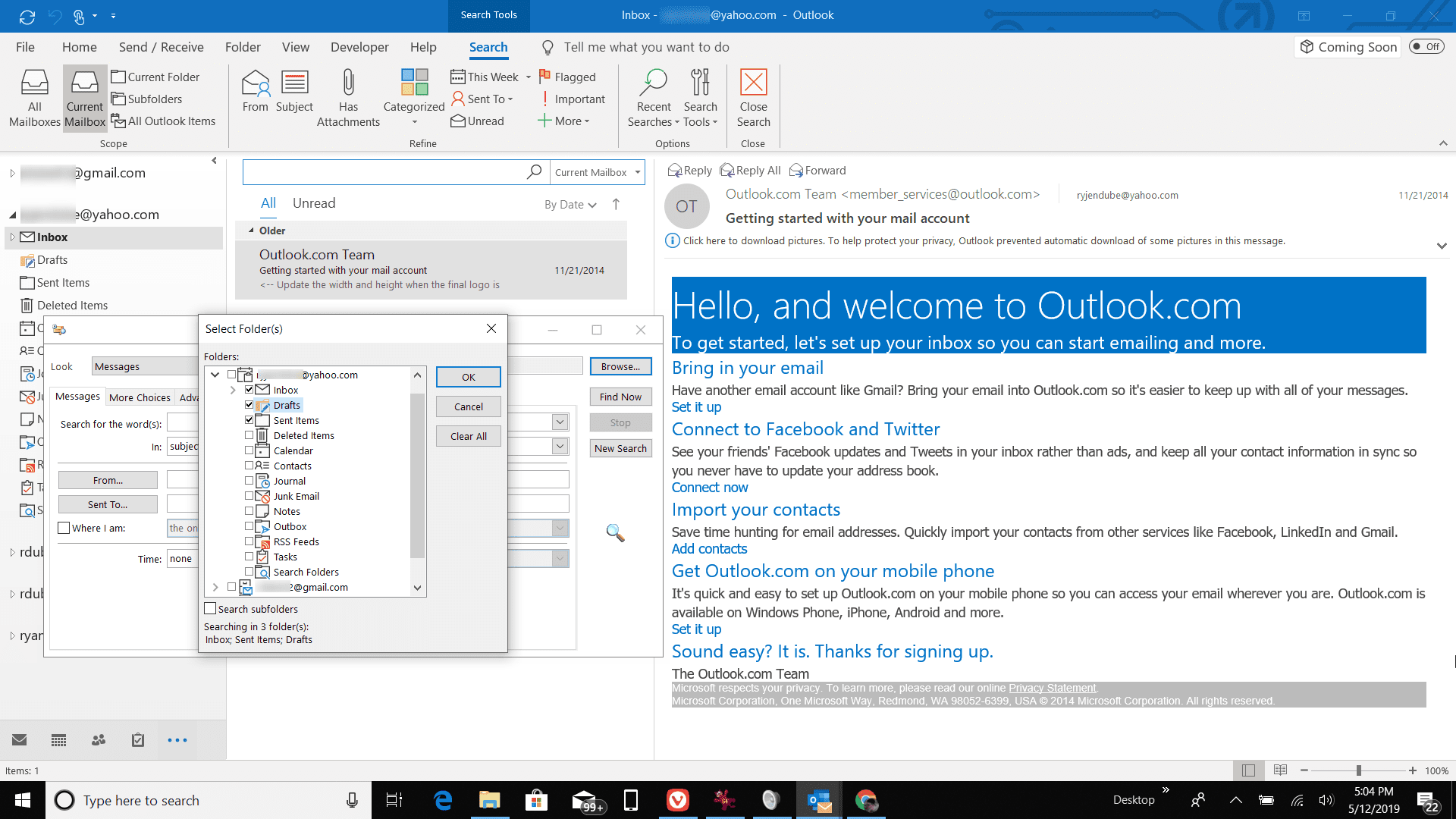 Снимок экрана выбора папок в Outlook