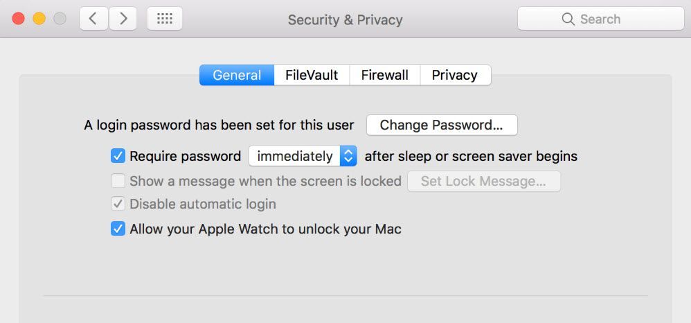 Снимок экрана настроек безопасности и конфиденциальности macOS.