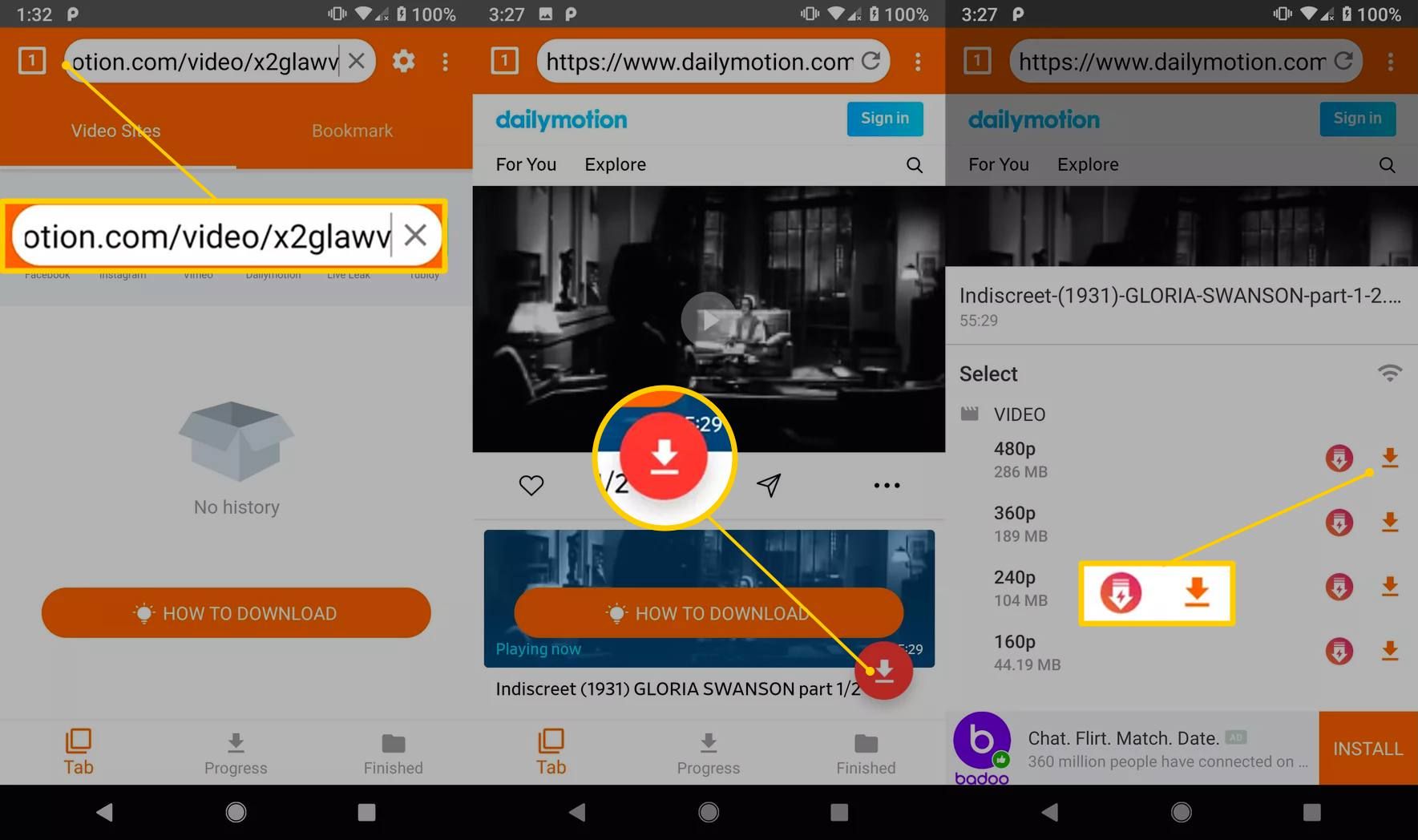 Три экрана Android с полем URL, кнопкой загрузки и параметрами разрешения