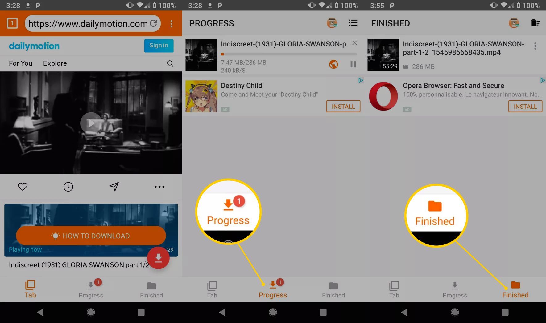 Три экрана Android, на которых отображаются кнопки «Выполнение» и «Готово»